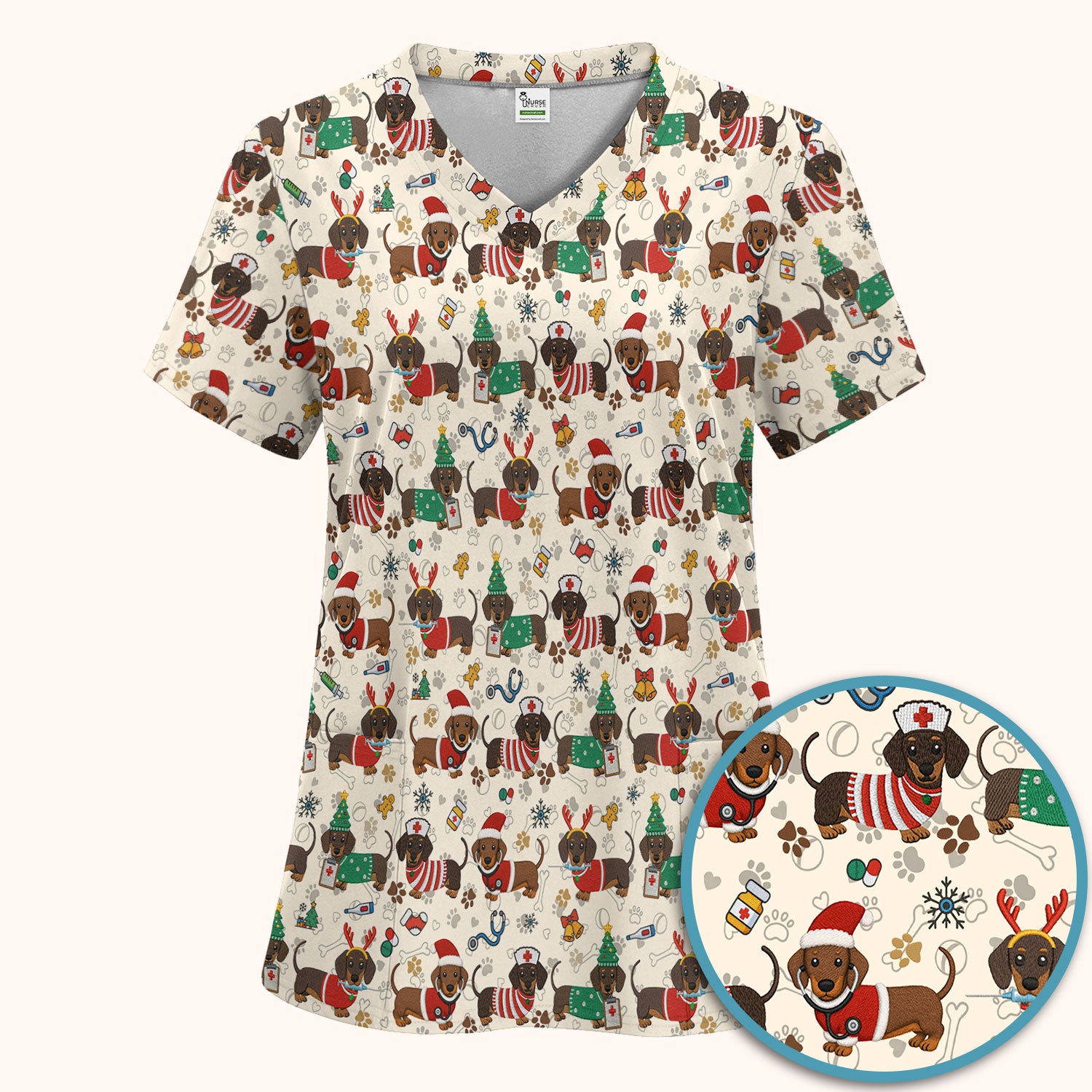 Christmas Dachshund Scrub Set for Nurses - Cute Wiener Dog Scrubs Pants and V Neck Top - Cute Puppy Med Uniform Gift for Women