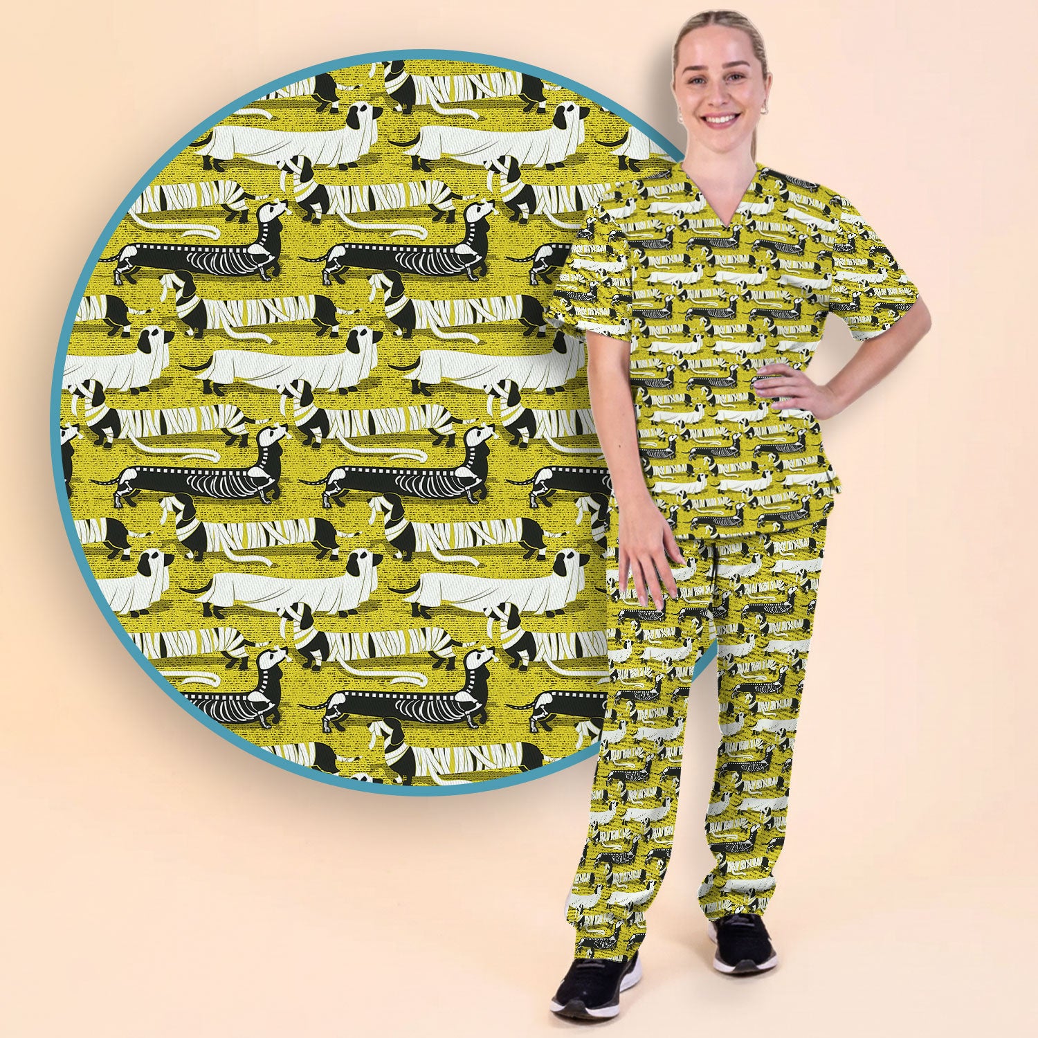 Halloween Scrub Set for Women - Spooky Dachshund Skeleton Med Uniform - Comfortable Nursing Pants - Ugly Sweater for Pet Lover