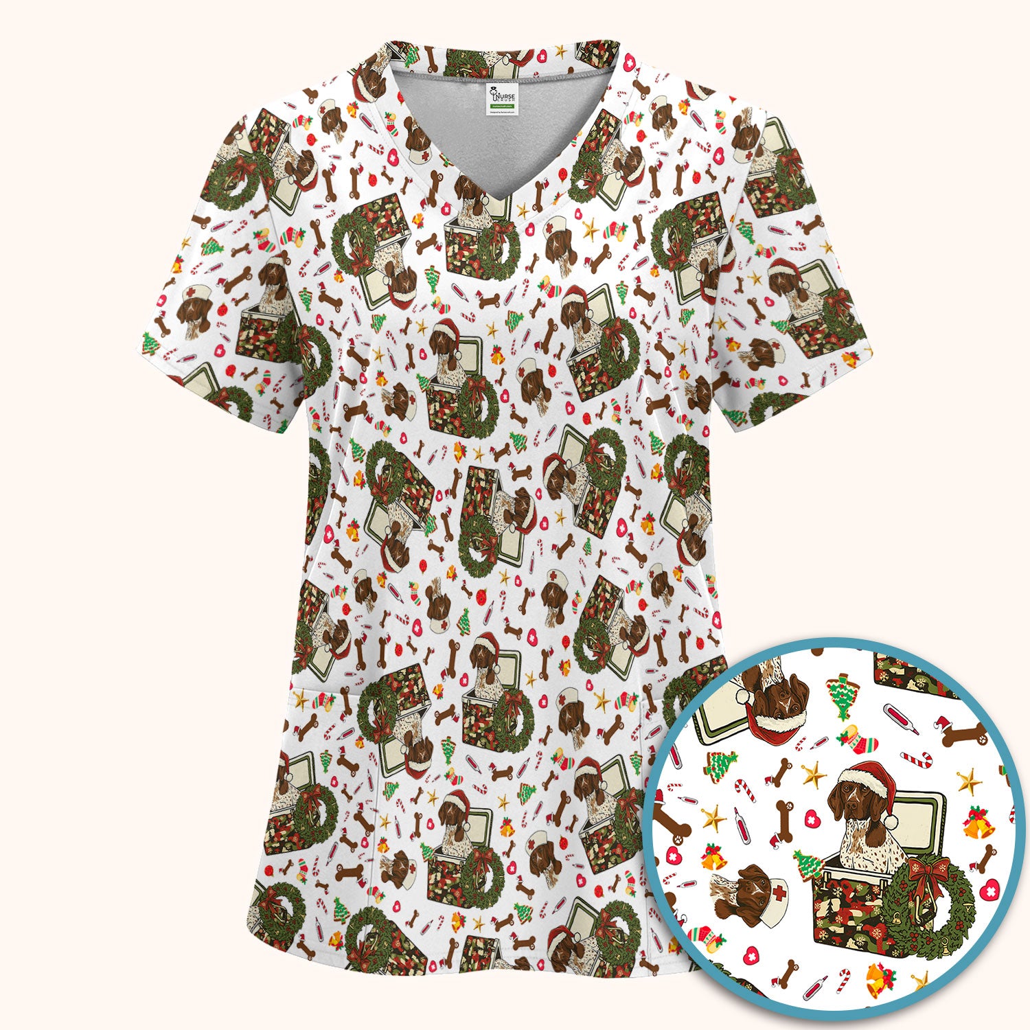 Christmas Dachshund Scrub Set - Cute Sausage Dog Nursing Pants and V Neck Top - Funny Holiday Medical Uniform
