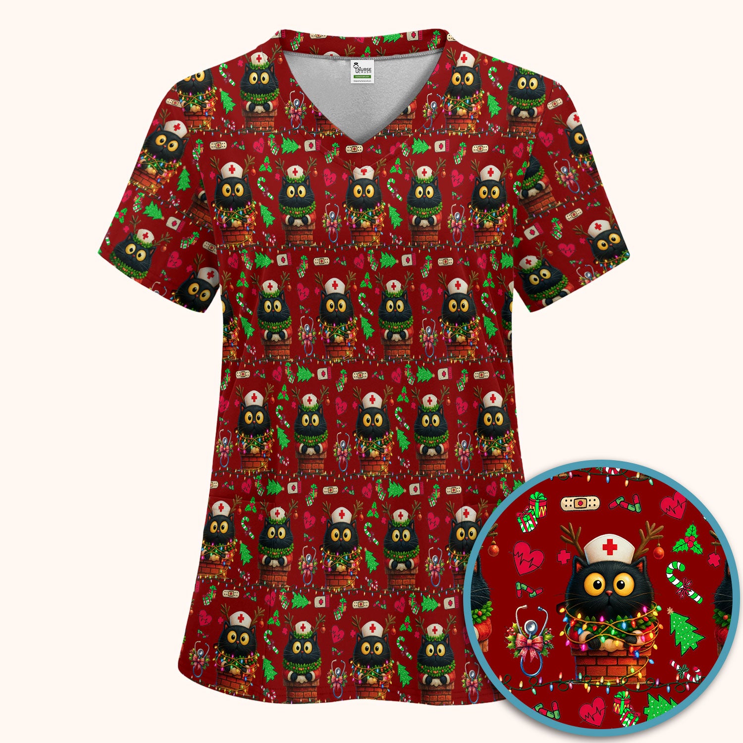 Christmas Black Cat Scrub Set for Nurse - Cute Reindeer Cat with Xmas Lights Pants and V Neck Top - Festive Holiday Medical Uniform