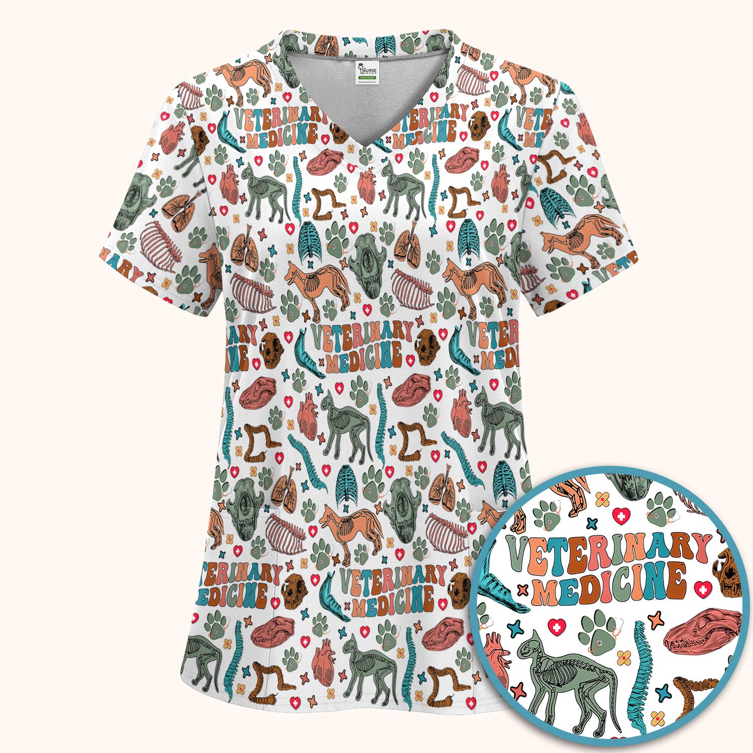 Veterinary Medicine Scrub Set - Cute Animal Anatomy Scrubs Pants and V Neck Top - Fun Vet Tech Nurse Uniform for Women