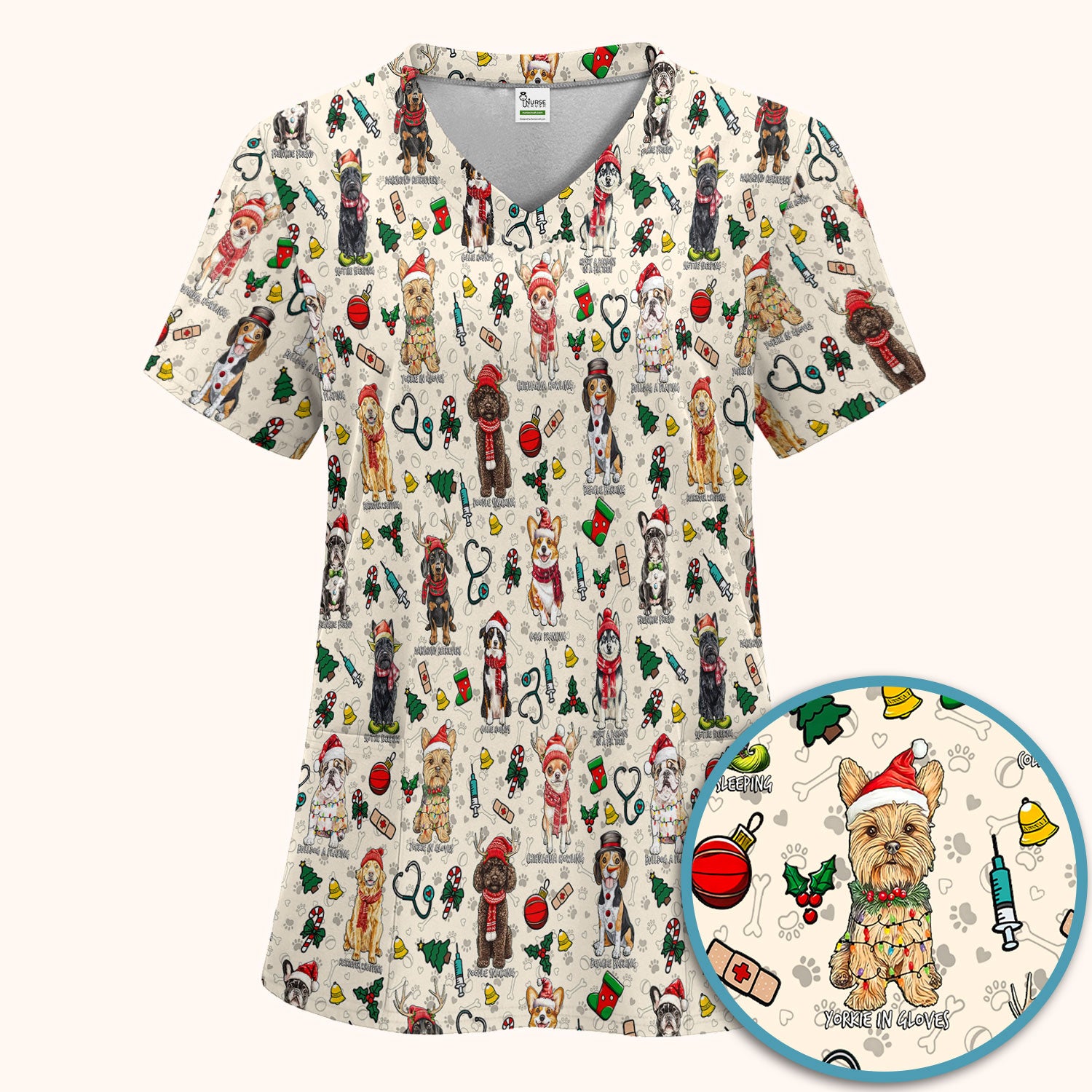 Christmas Dog Scrub Set for Nurses - Dachshund, Husky, Poodle, Corgi & Labrador Holiday Scrub Top and Pants - Funny Santa Medical Shirt