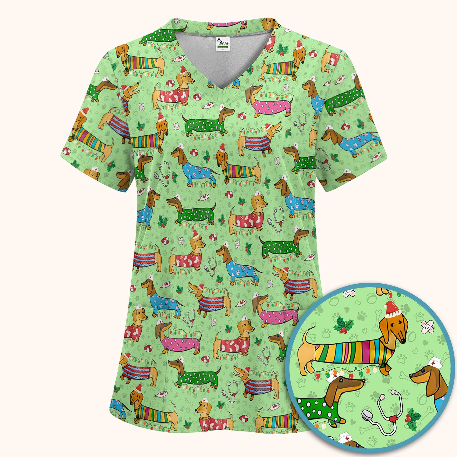 Christmas Scrub Set for Women - Funny Dachshund Scrubs Pants and V Neck Top - Cute Holiday Medical Uniform Gift for RN LPN CNA