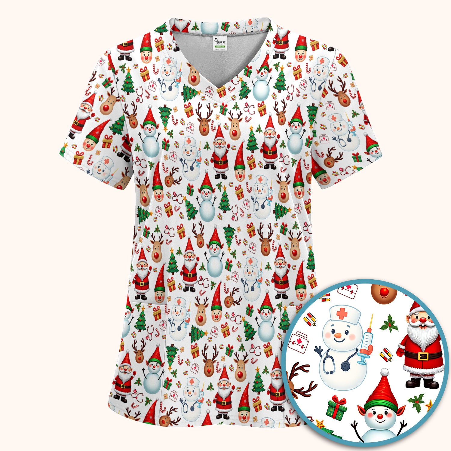 Christmas Scrub Set for Nurses - Cute Snowman Reindeer Santa Pattern - Holiday Medical Uniform RN CNA LPN Gift