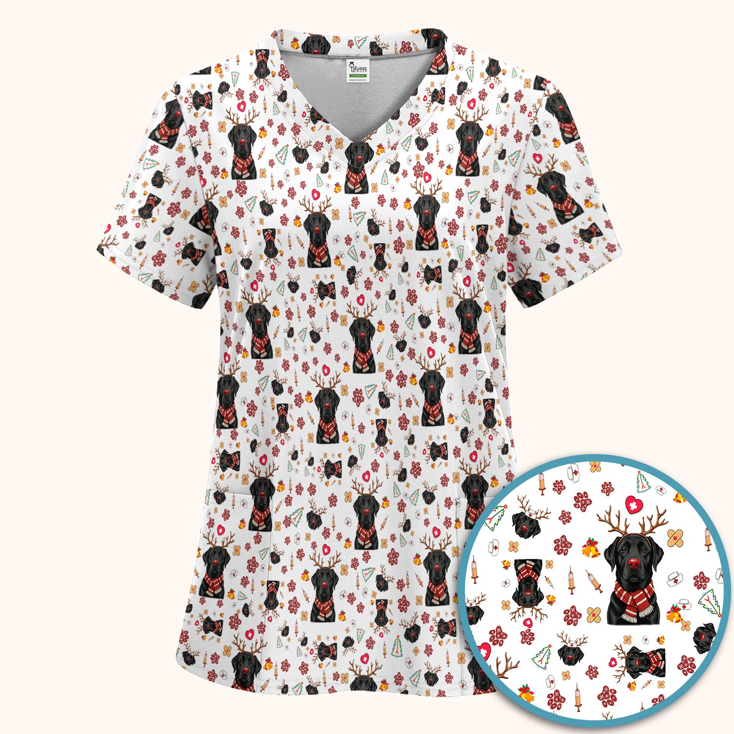 Funny Black Lab Reindeer Scrub Set - Christmas Dog Nurse Pants and V Neck Top - Cute Holiday Medical Uniform