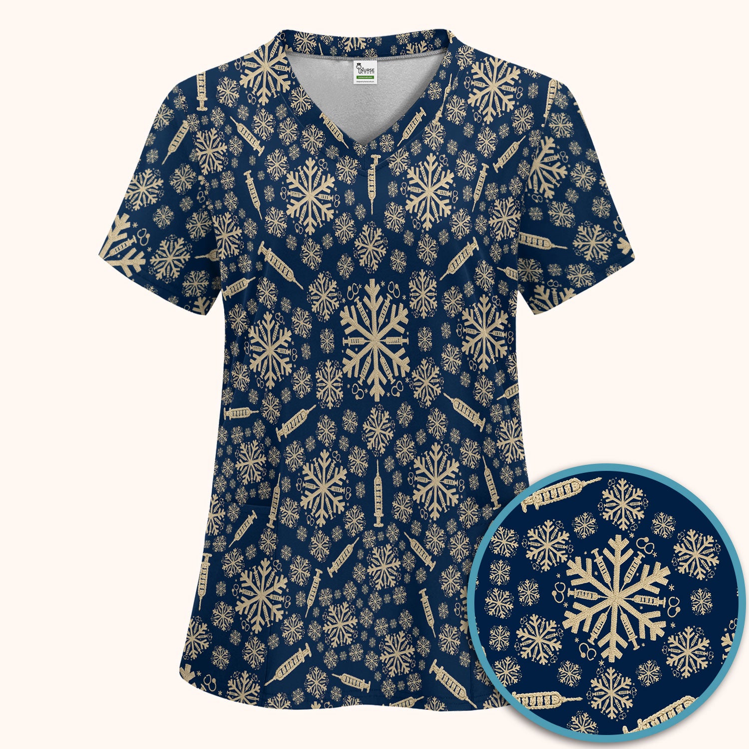 Snowflake Syringe Scrubs Pants and V Neck Top for Women - Winter Snow Medical Set - Funny Christmas Gift for Nurse