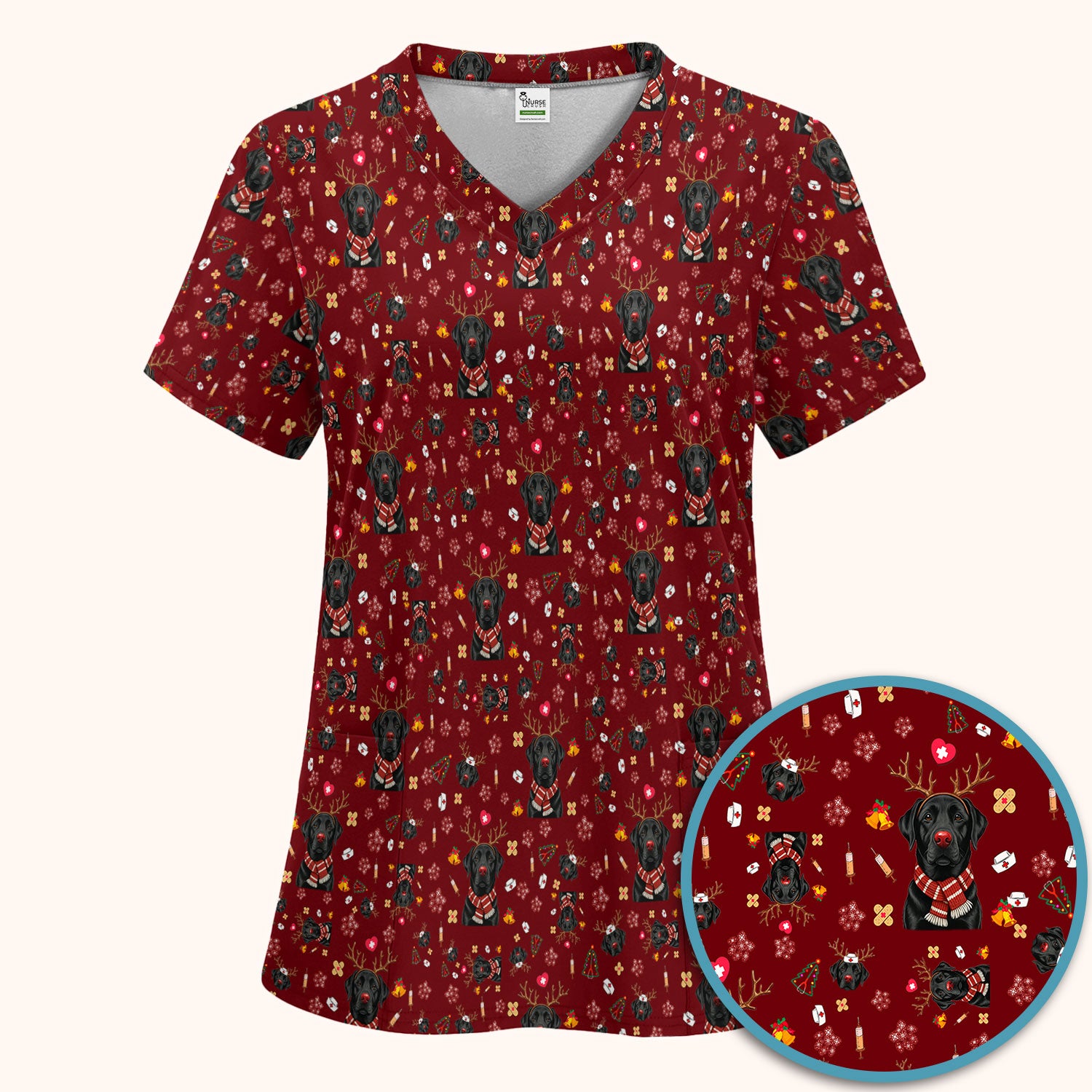 Funny Black Lab Reindeer Scrub Set - Christmas Dog Nurse Pants and V Neck Top - Cute Holiday Medical Uniform