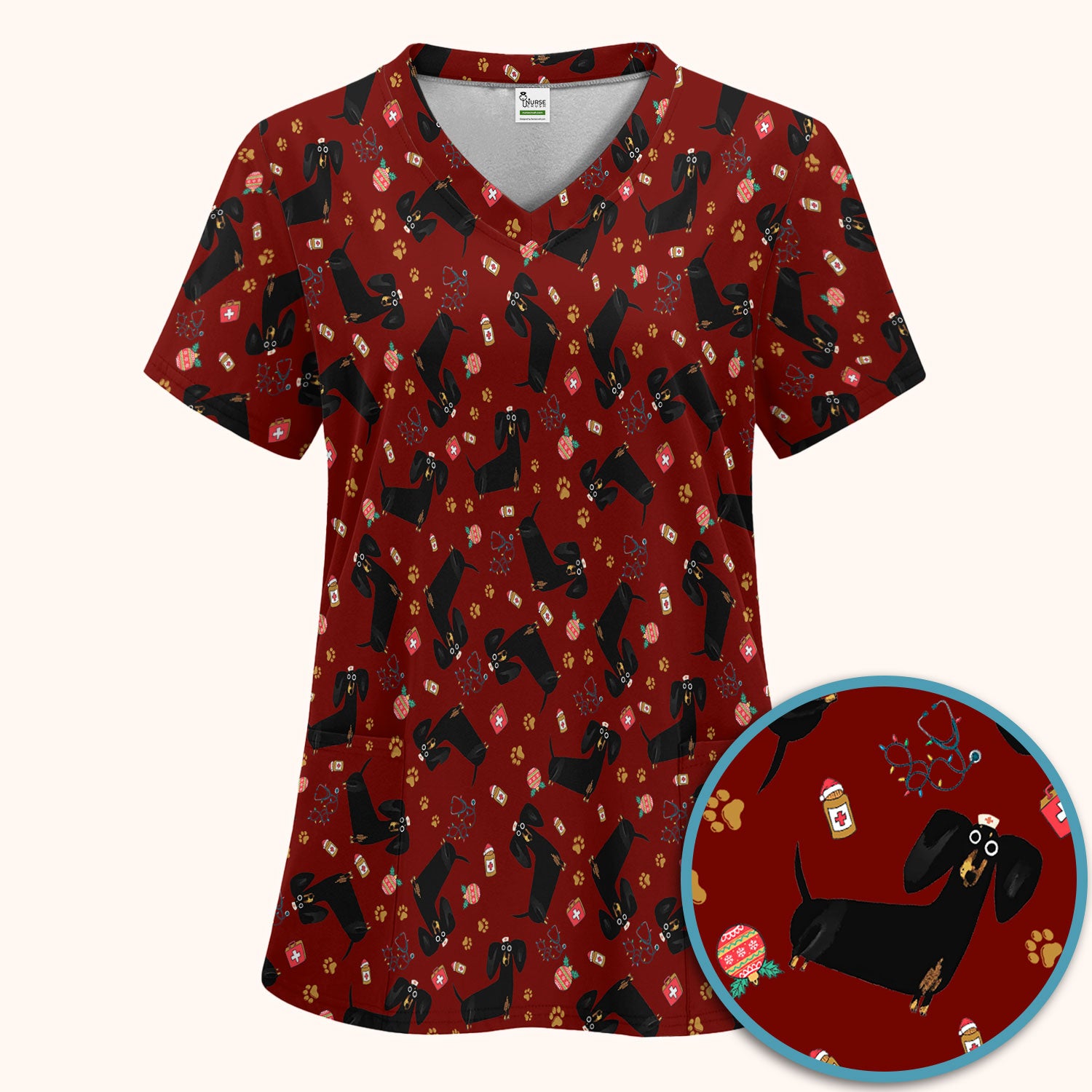 Funny Wiener Dog Scrub Sets for Nurses - Cute Black Dachshund Pants and V Neck Top - Dog Lover Nursing Uniform Gift for Women