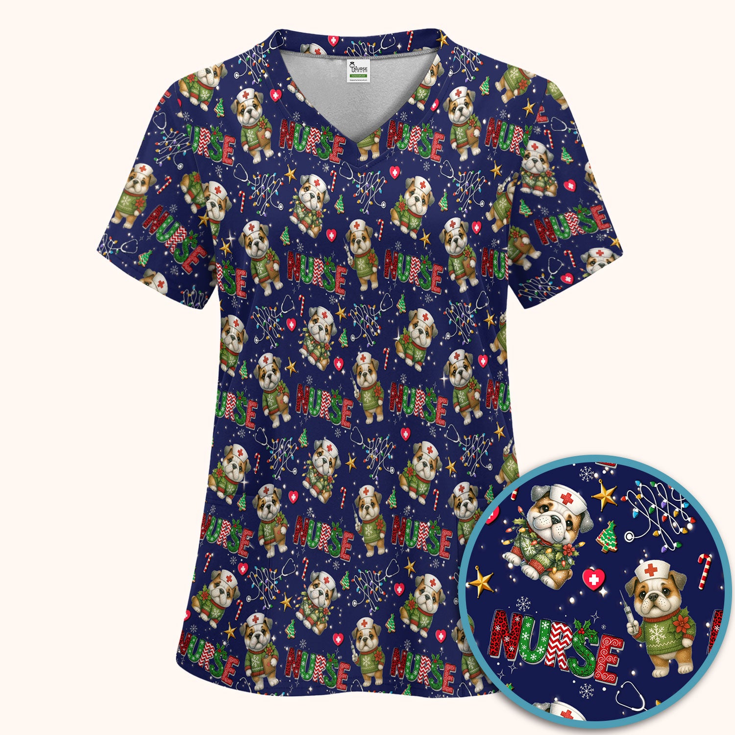 Bulldog Christmas Nurse Scrub Set - Funny Dog Scrubs Pants and V Neck Top - Cute Holiday Medical Uniform