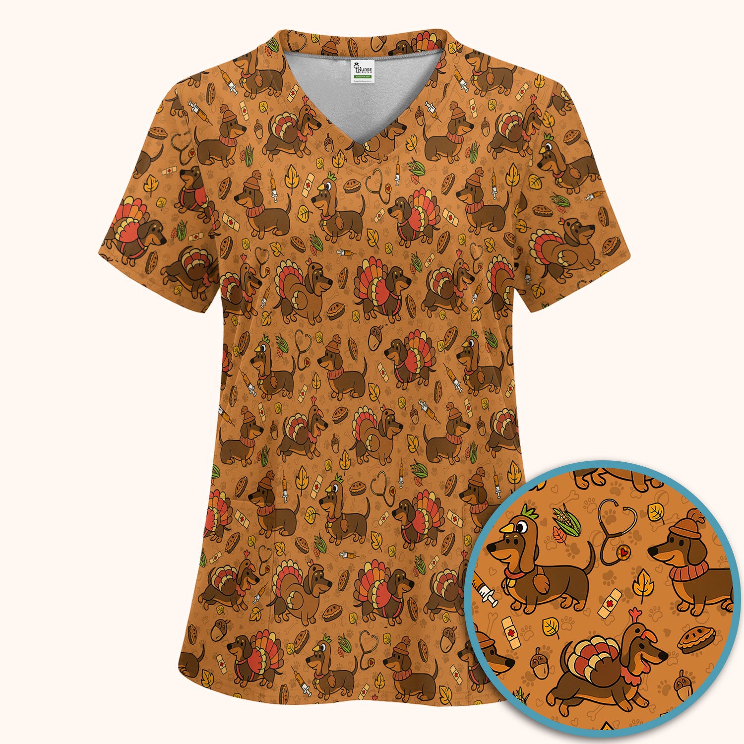Thanksgiving Dachshund Scrubs Set - Cute Dog Turkey Medical Uniform for Nurses - Funny Holiday Gift for RN CNA LPN