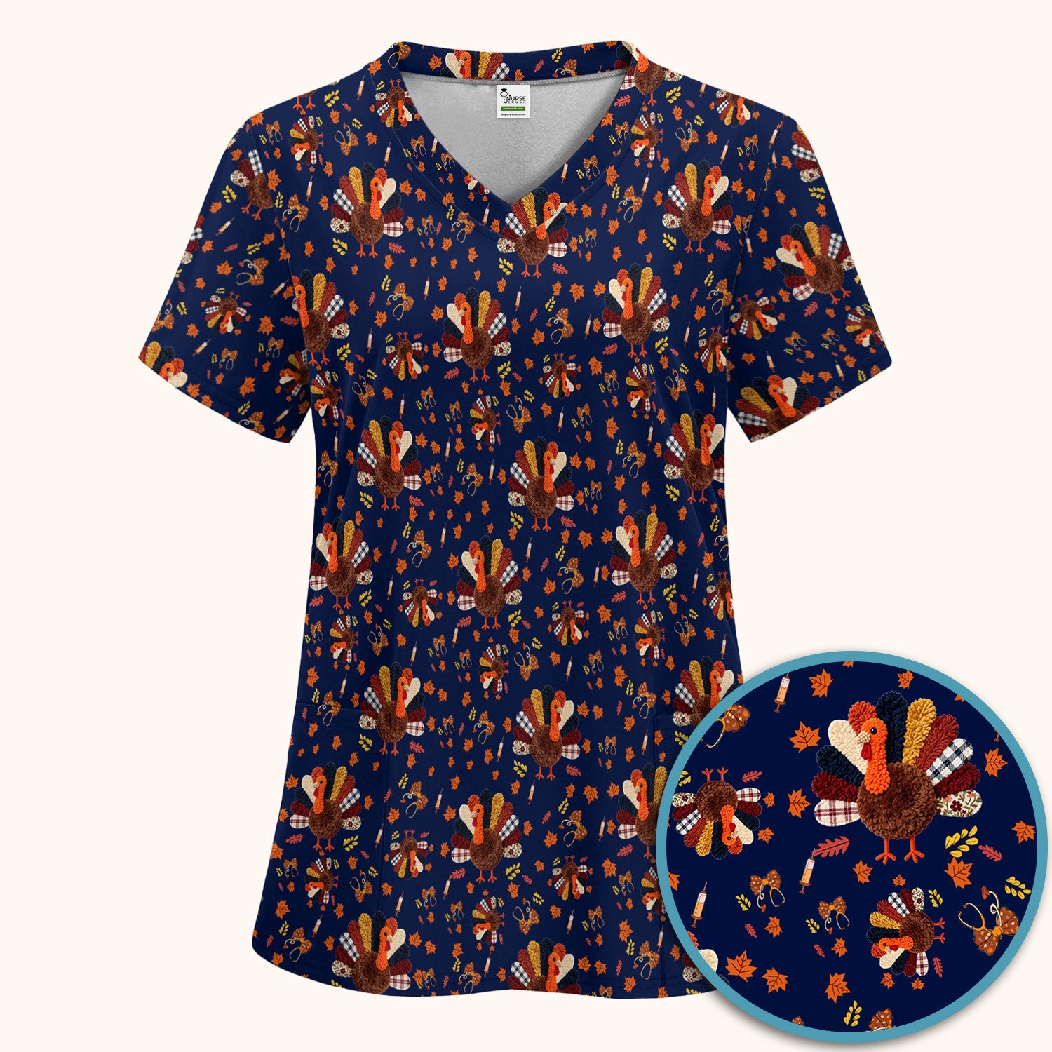Funny Thanksgiving Nurse Scrub Sets - Fall Leaves and Pumpkin Scrub Pants and V Neck Top - Autumn Turkey Med Uniform