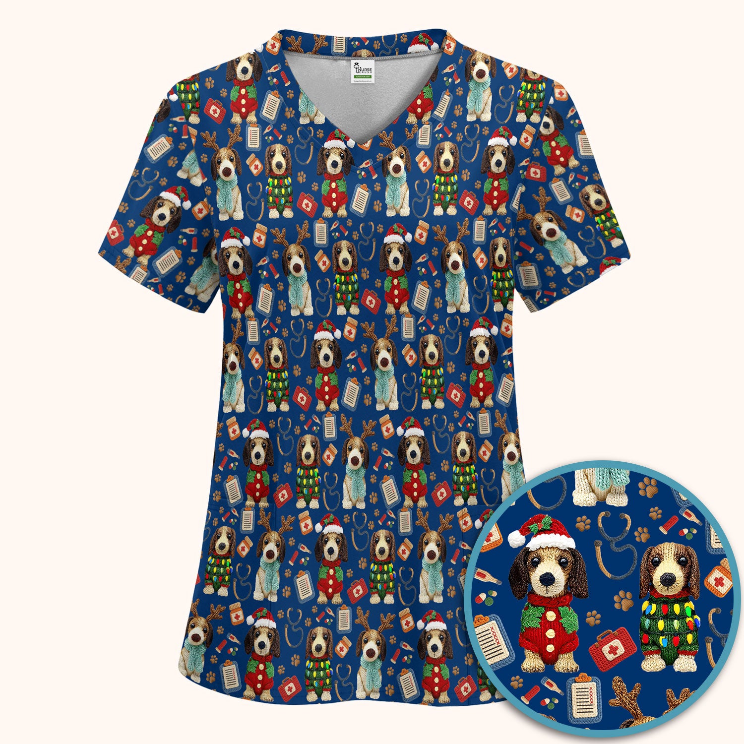Christmas Wiener Dog Scrubs Set for Women - Cute Dachshund Christmas Scrub Pants and V Neck Top - Puppy Lover Medical Uniform Gift