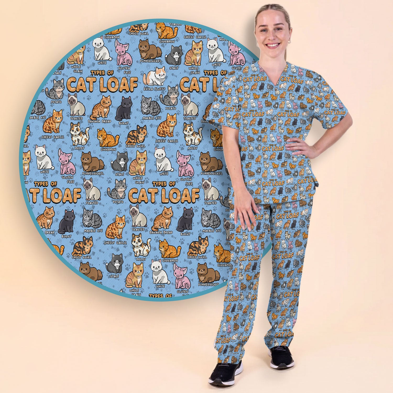 Funny Cat Loaf Nurse Scrub Set for Women - Cute Cat Medical Uniform Top and Pants - Ugly Sweater Pet Lover Gift