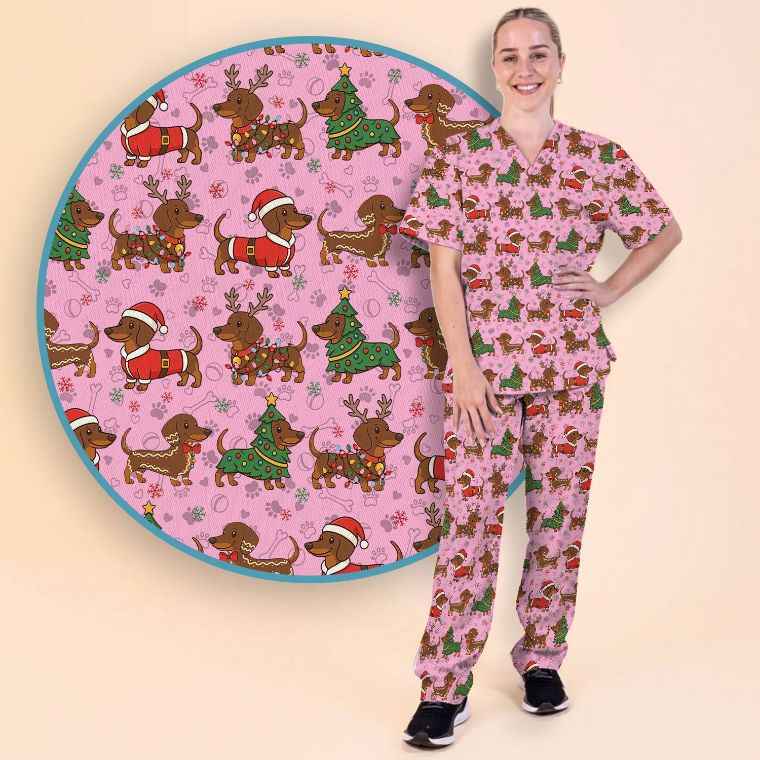 Christmas Weenie Dog Scrub Sets - Xmas Dachshund Scrub Pants - Cute Sausage Puppy V Neck Top - Breathable Med Uniform