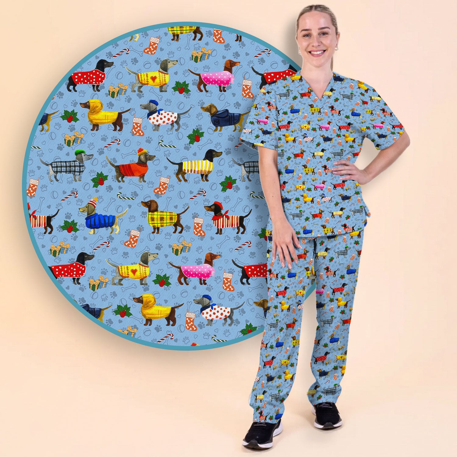 Funny Wiener Dog Scrub Set - Dachshund Paw Prints Nurse Uniform - Comfortable Nursing Pants - Holiday Gift for Her