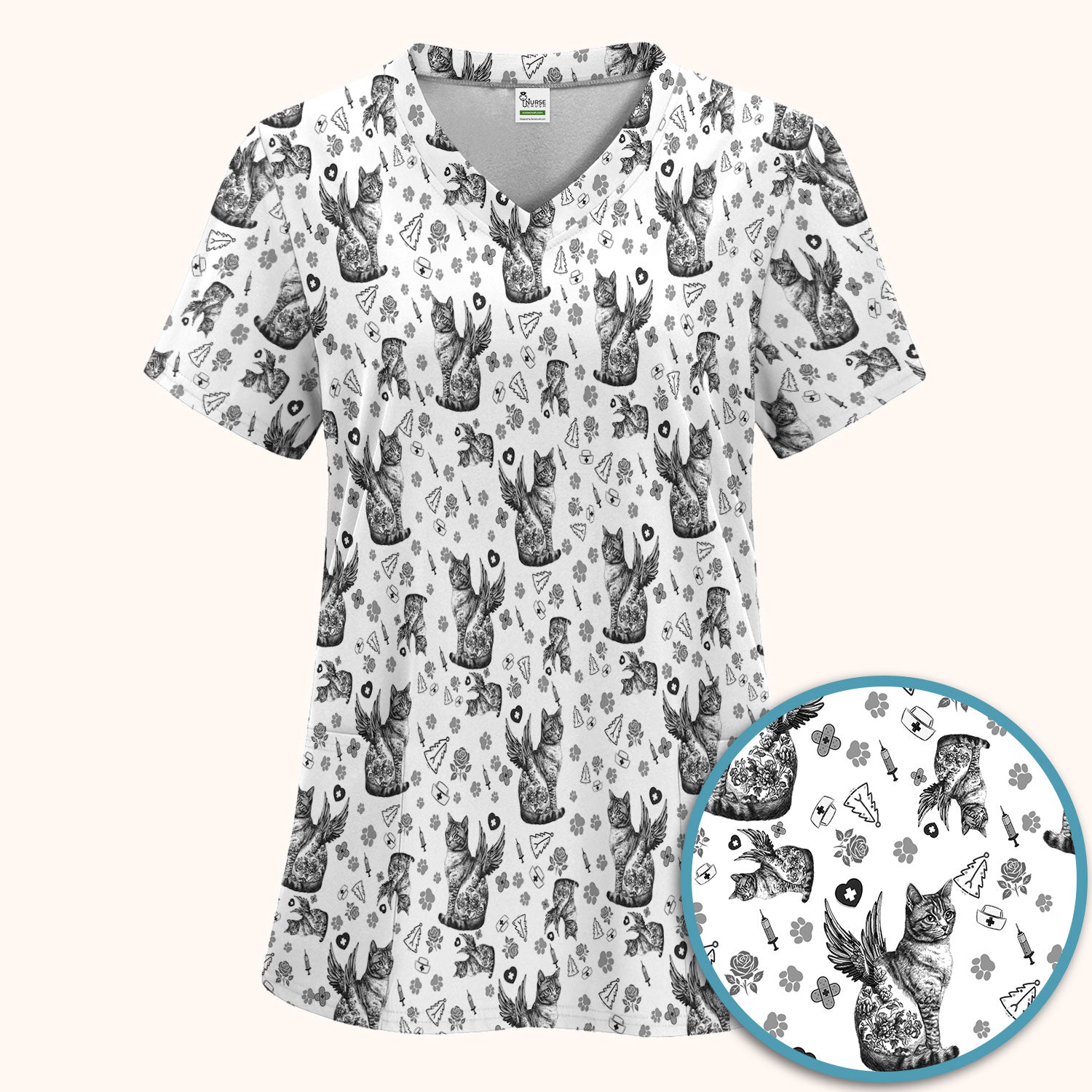 Toile de Jouy Cat Angel Scrub Set - Blue Vintage Nurse Pants and V Neck Top - French Style Medical Uniform for Women