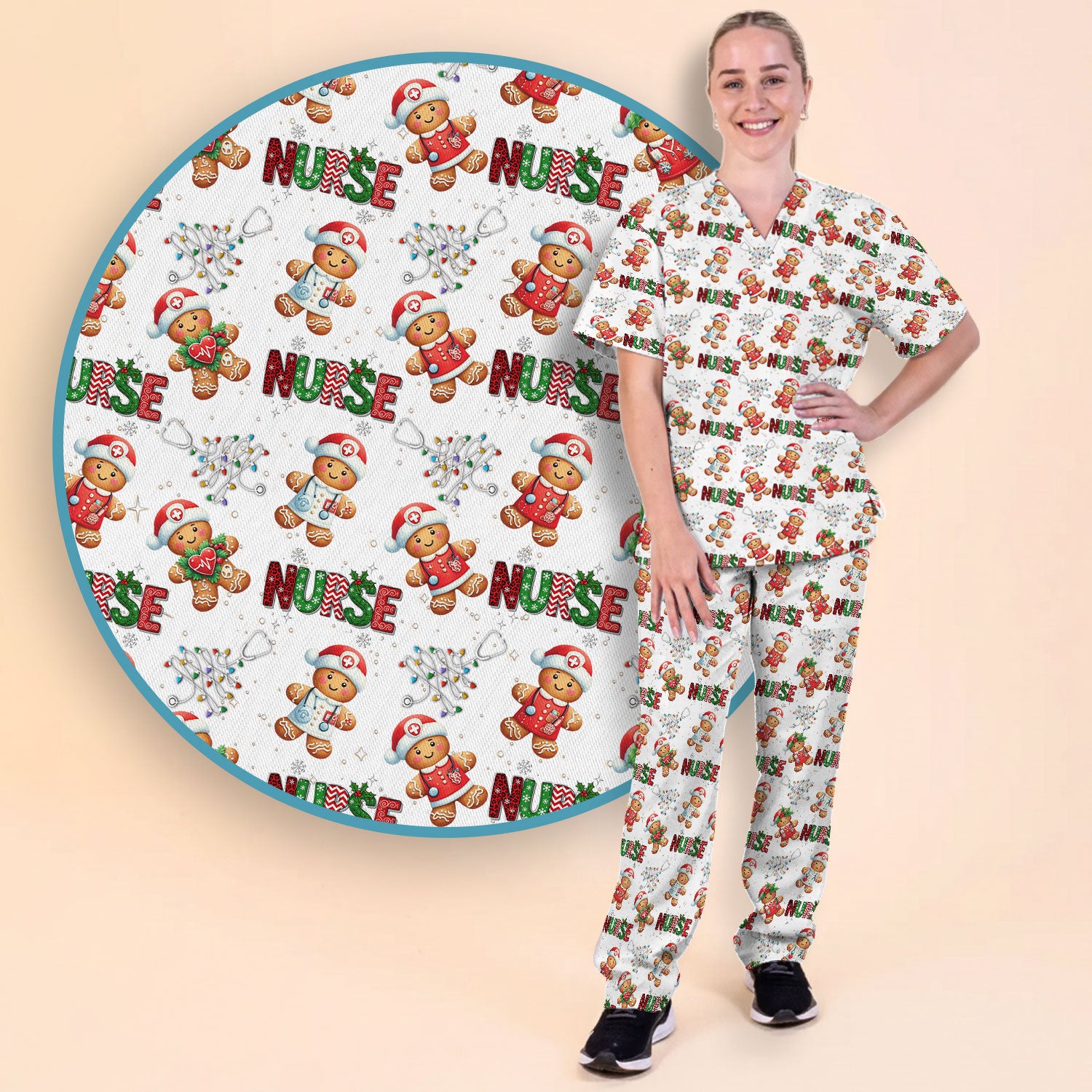 Christmas Gingerbread Women's Scrub Sets - Comfortable Scrubs for Nurses - Xmas Scrub Pants and V Neck Top for Her