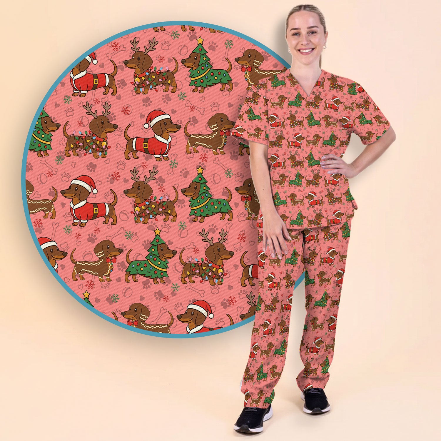 Christmas Weenie Dog Scrub Sets - Xmas Dachshund Scrub Pants - Cute Sausage Puppy V Neck Top - Ugly Sweater for Pet Lover