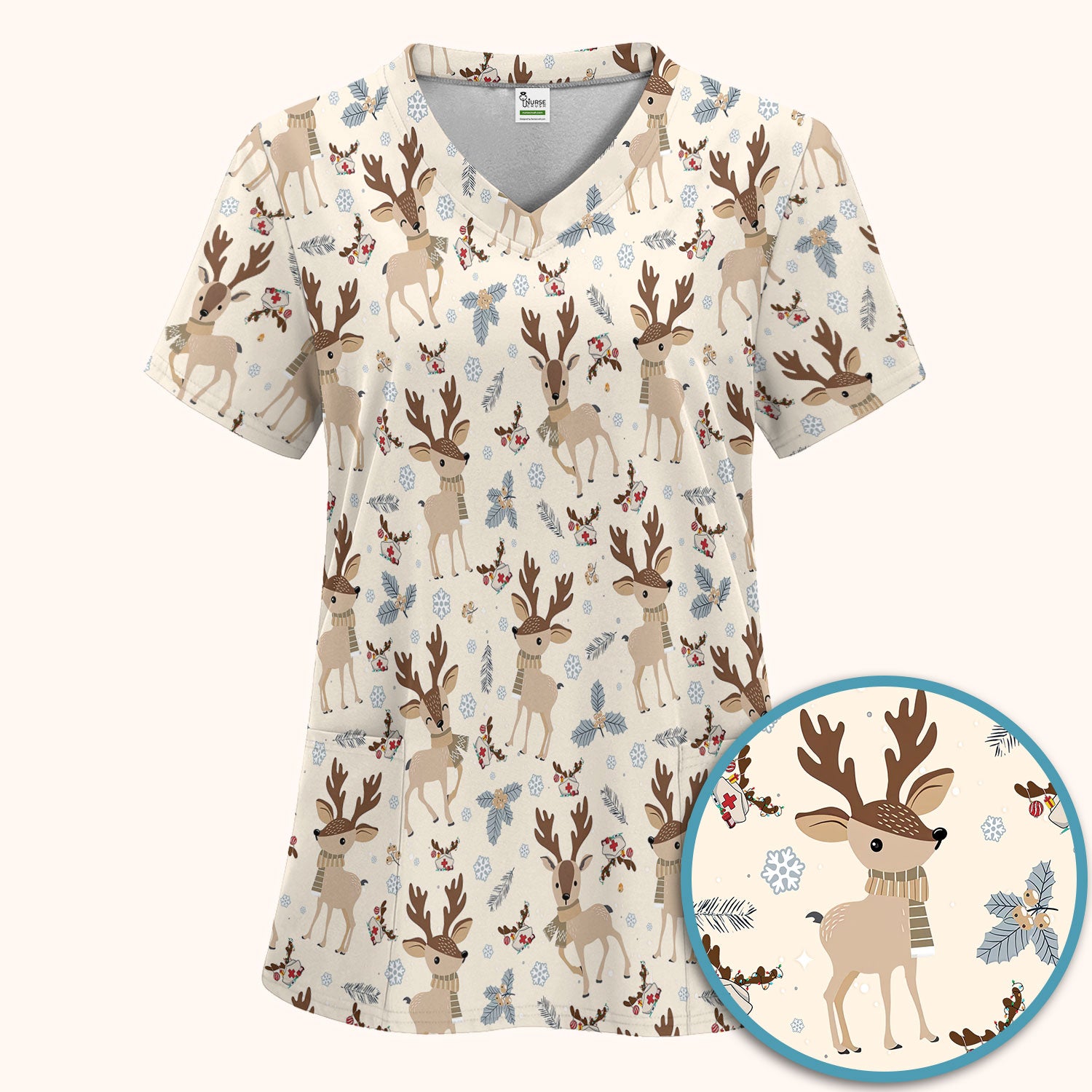 Reindeer Christmas Scrub Set - Cozy Beige Holiday Nurse Shirt with Cute Deer Pattern - Festive Medical Scrubs Pants and V Neck Top