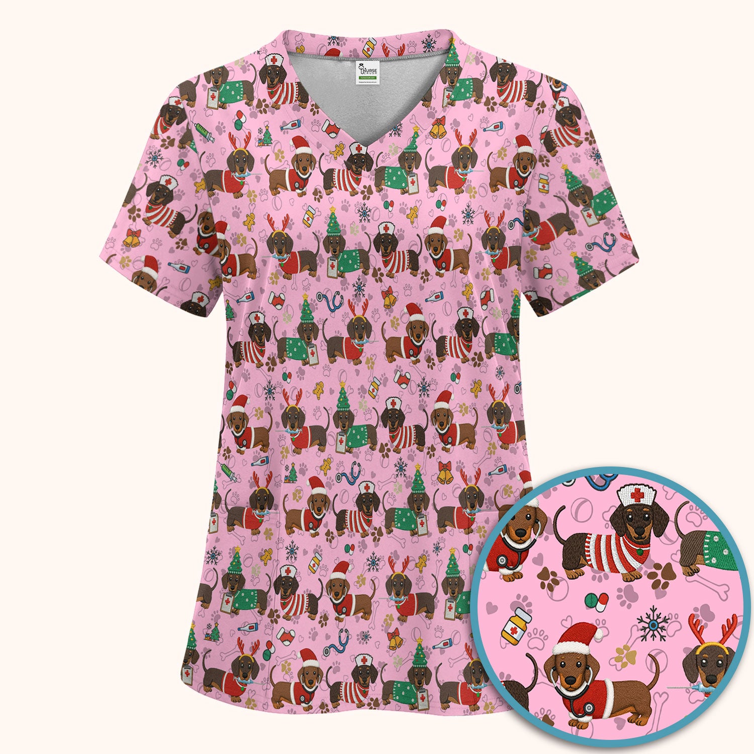 Christmas Dachshund Scrub Set for Nurses - Cute Wiener Dog Scrubs Pants and V Neck Top - Cute Puppy Med Uniform Gift for Women