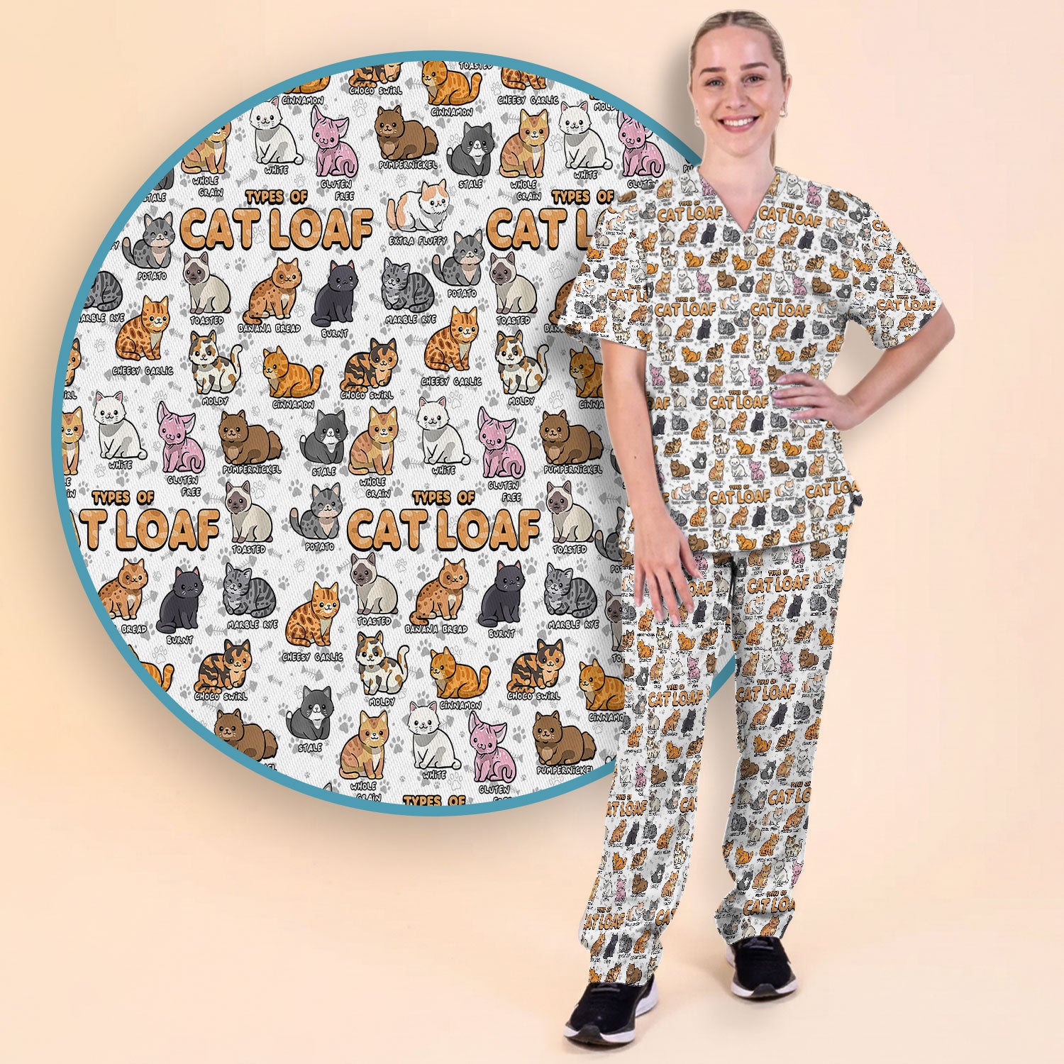 Funny Cat Loaf Nurse Scrub Set for Women - Cute Cat Medical Uniform Top and Pants - Pet Lover Gift - Comfortable Nursing Outfit