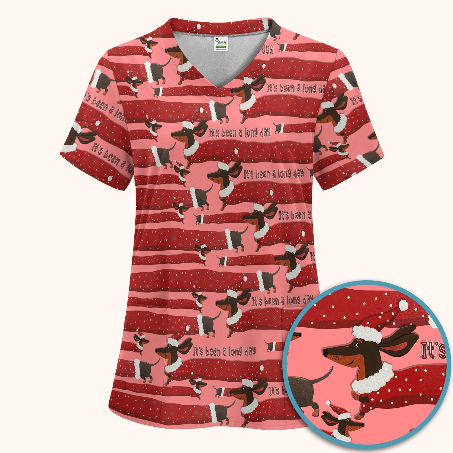 Funny Dachshund Christmas Scrub Set - It's Been a Long Day - Cute Wiener Dog Scrubs Pants and V Neck Top - Medical Uniform for Women