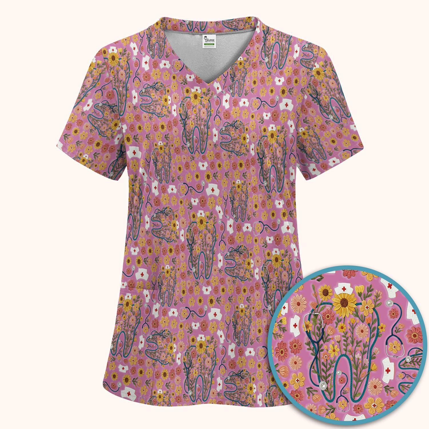 Boho Floral Tooth Scrub Set - Aesthetic Dental Scrubs Pants and V Neck - Cute Flower Tooth Medical Uniform - Hygienist Christmas Gift