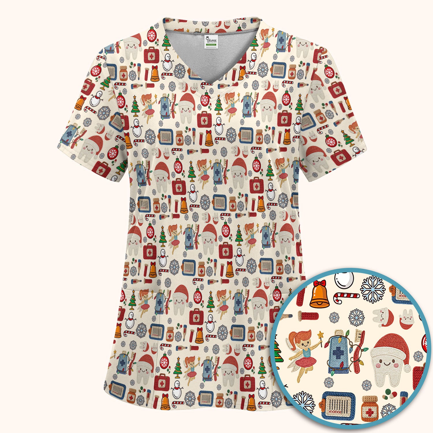 Christmas Dental Scrub Set - Cute Santa Tooth & Snowman Scrubs Pants and V Neck Top - Funny Holiday Gift for Dentists, Hygienists