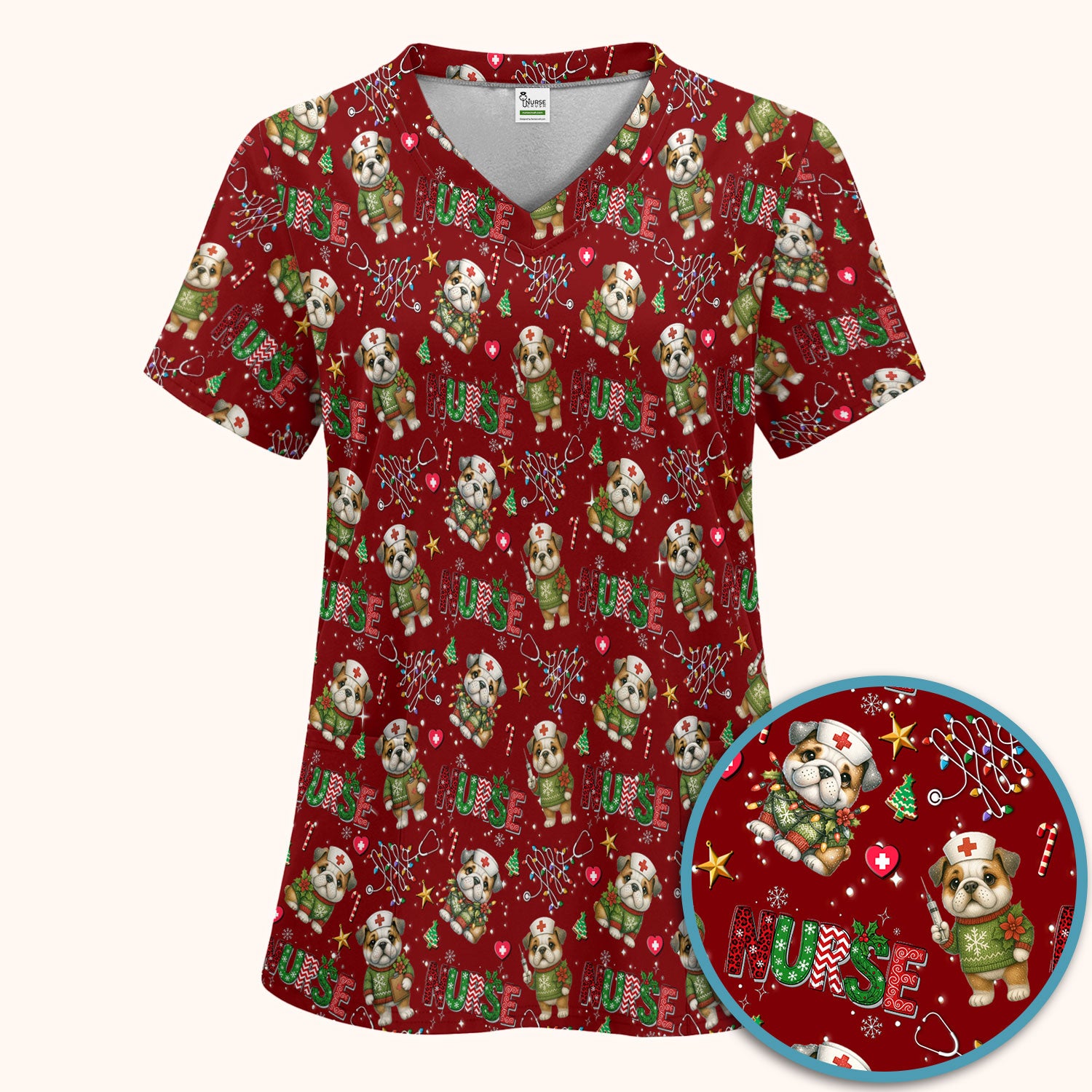 Bulldog Christmas Nurse Scrub Set - Funny Dog Scrubs Pants and V Neck Top - Cute Holiday Medical Uniform