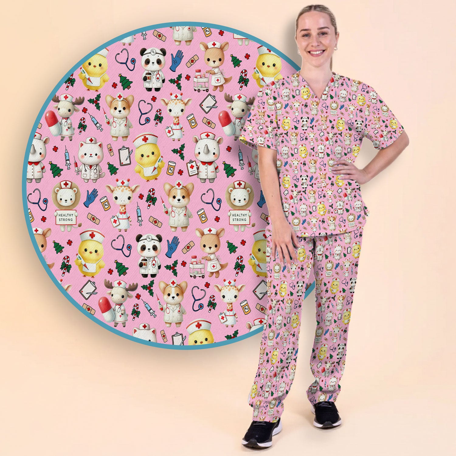 Comfortable Scrubs for Nurses - Women's Scrub Sets - Blue Scrub Pants and V Neck Top - Puppy Print Nursing Uniform