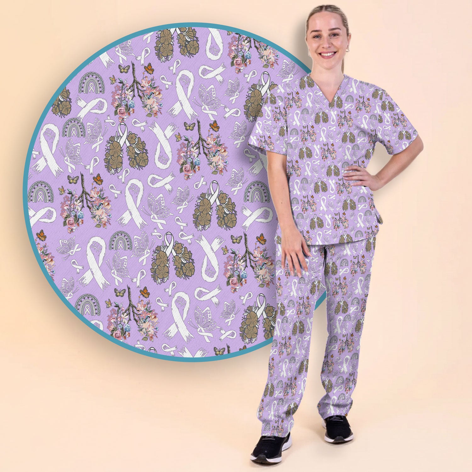 Lung Cancer Awareness Scrub Sets for Women - White Ribbon Butterfly Floral Scrub Pants and V Neck Top - Comfortable Med Uniform for Her