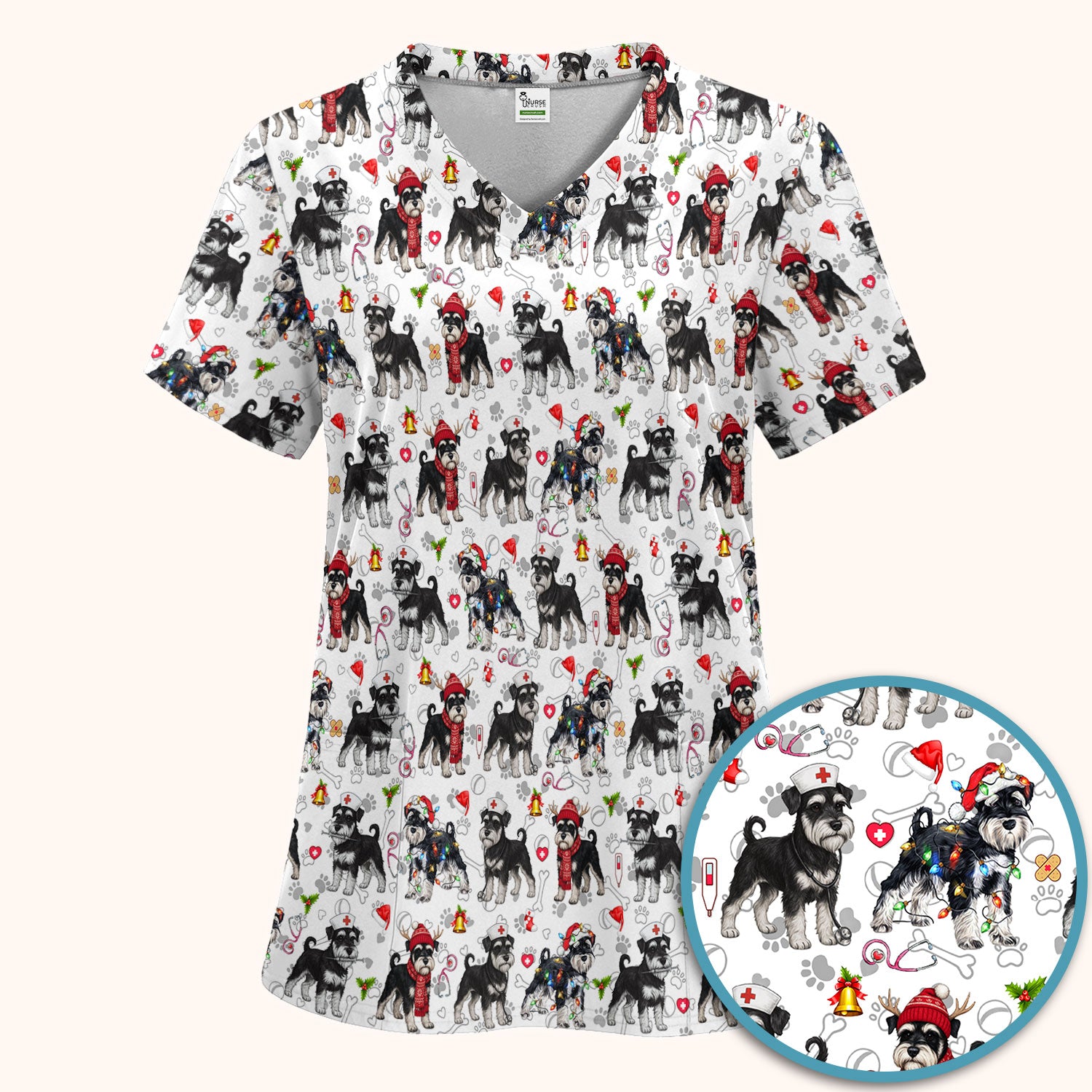 Christmas Schnauzer Scrub Set for Nurses - Cute Dog Holiday Scrubs Pants and V Neck Top - Funny Santa Nursing Medical Shirt for Women