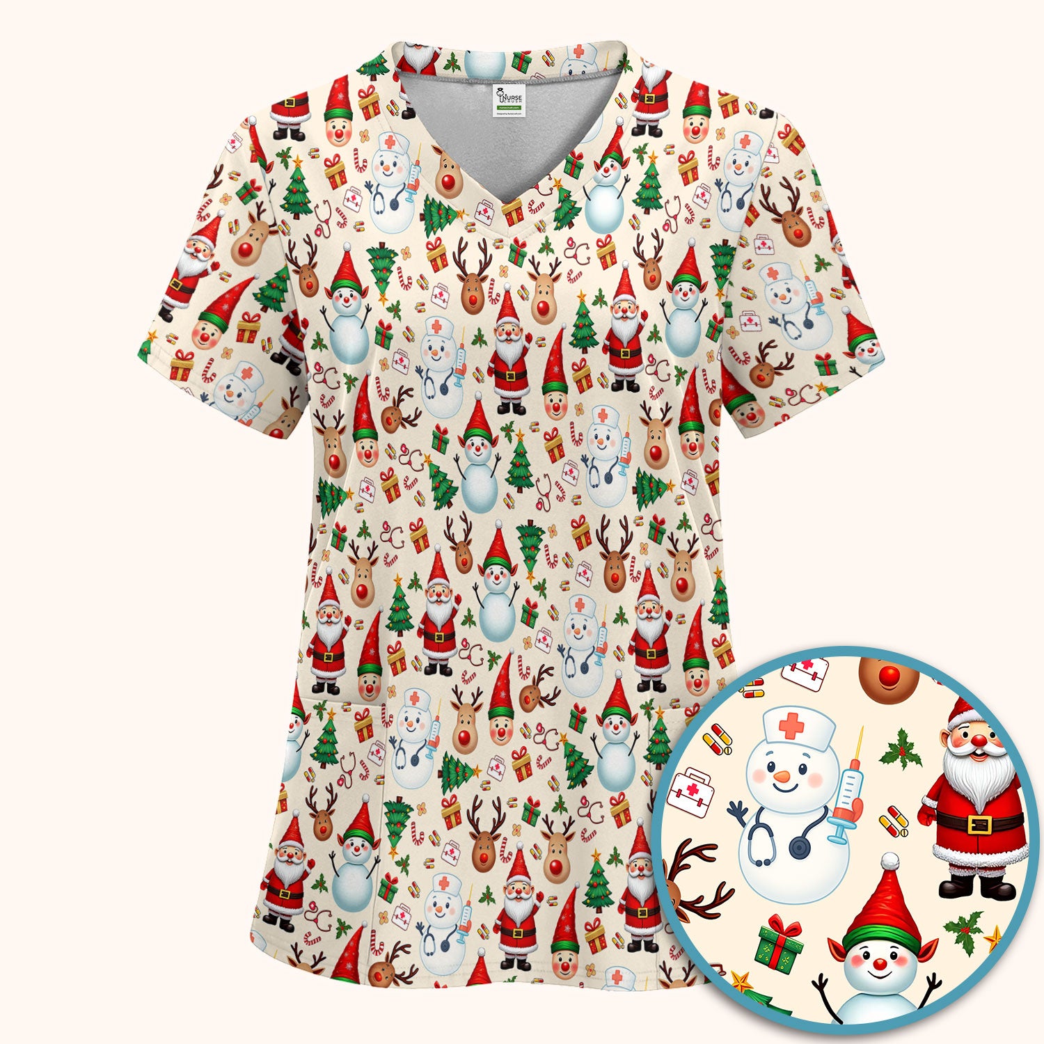 Christmas Scrub Set for Nurses - Cute Snowman Reindeer Santa Pattern - Holiday Medical Uniform RN CNA LPN Gift