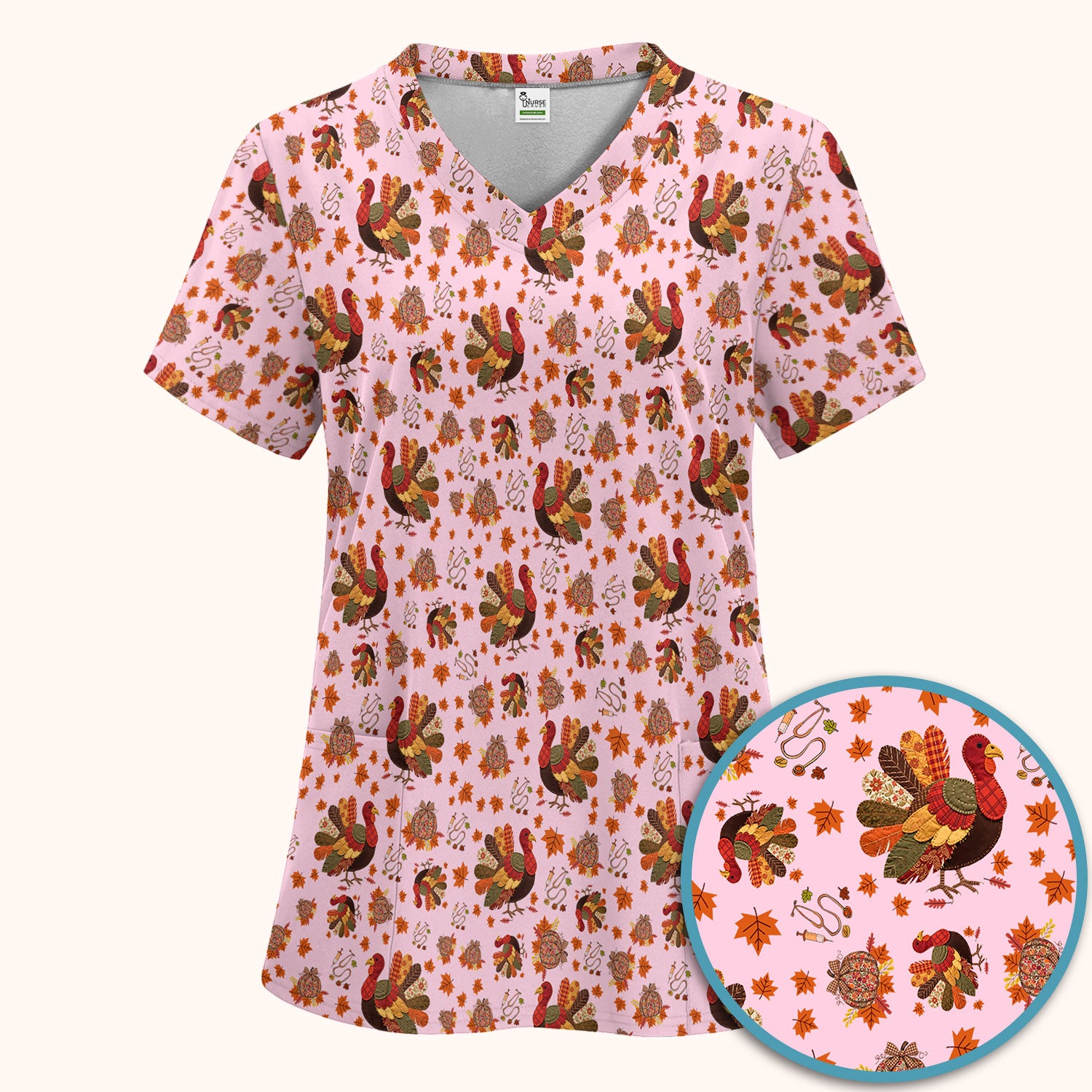 Fall Leaves Thanksgiving Women's Scrub Set - Comfortable Scrub Pants and V Neck Top - Funny Turkey Nursing Uniform