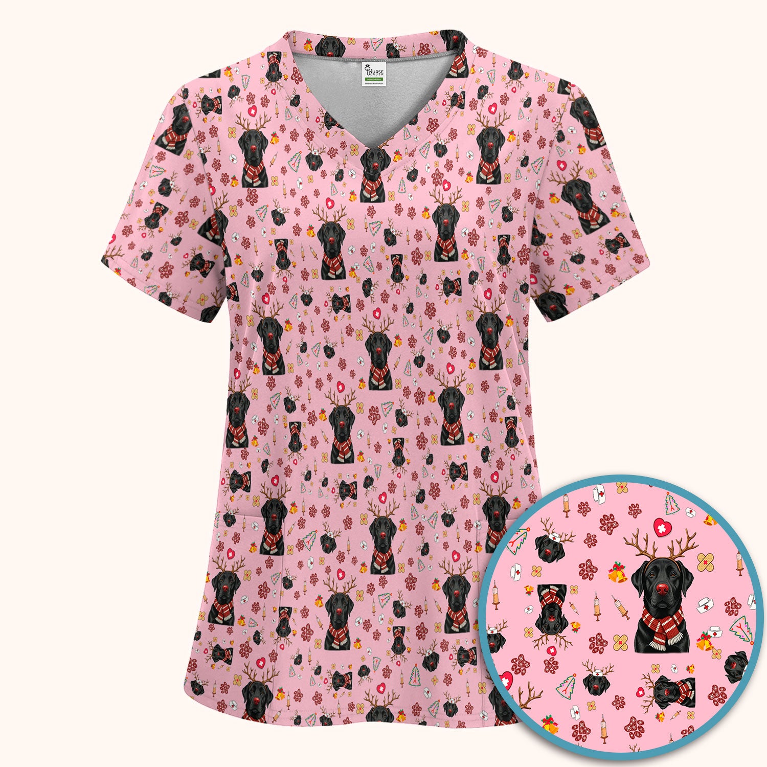 Black Lab Christmas Scrub Set - Funny Labrador Nursing Pants and V Neck Top - Cute Holiday Medical Uniform