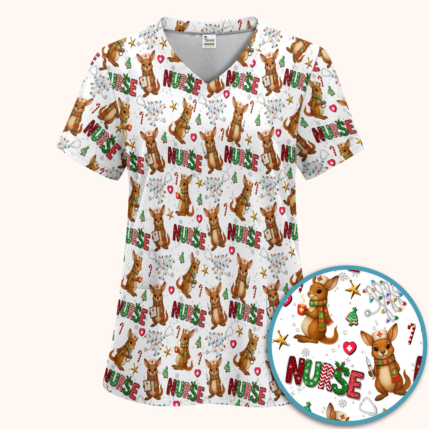 Aussie Kangaroo Christmas Scrub Set - Funny Holiday Nurse Shirt and Pants for Women - Cute Animal Medical Uniform