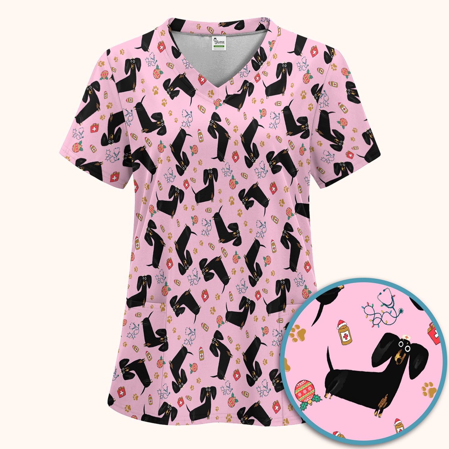Funny Black Dachshund Scrub Set for Nurses - Cute Wiener Dog Scrubs Pants and V Neck Top - Puppy Lover Nursing Gift for Women