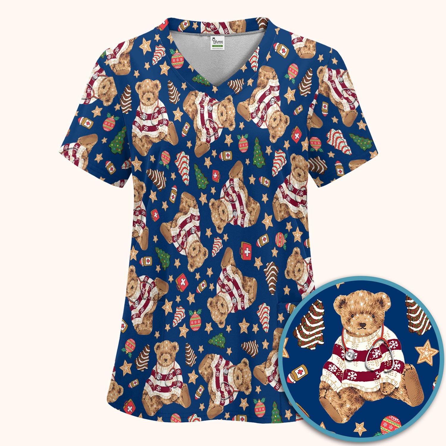 Teddy Bear Christmas Scrub Set - Festive Scrubs Pants and V Neck Top for Women - Gift for Nurses RN CNA LPN