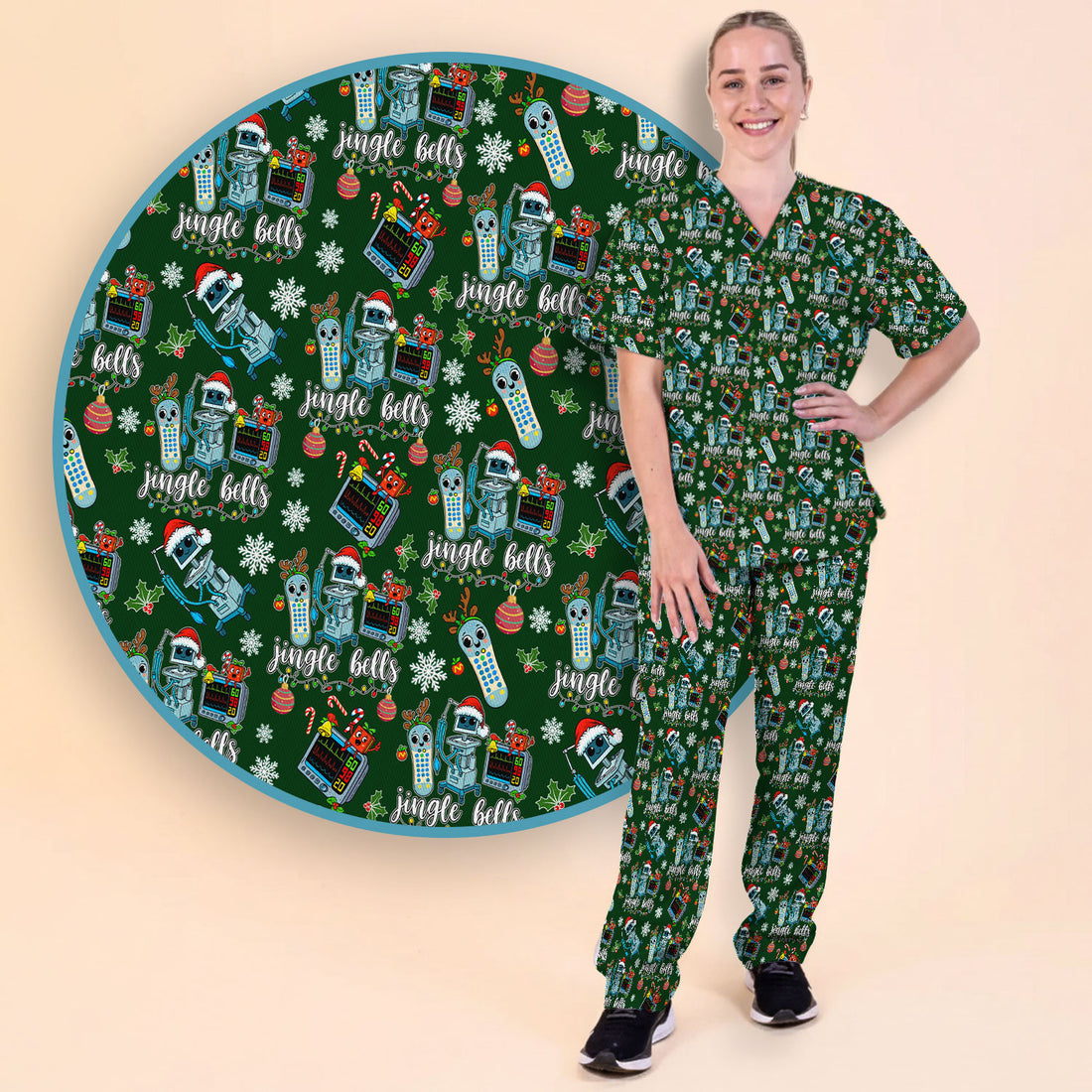 Funny Xmas Women's Scrub Sets - Jingle Bells Holiday Med Uniform -  Christmas Scrub Pants and V Neck Top for RN LPN CNA