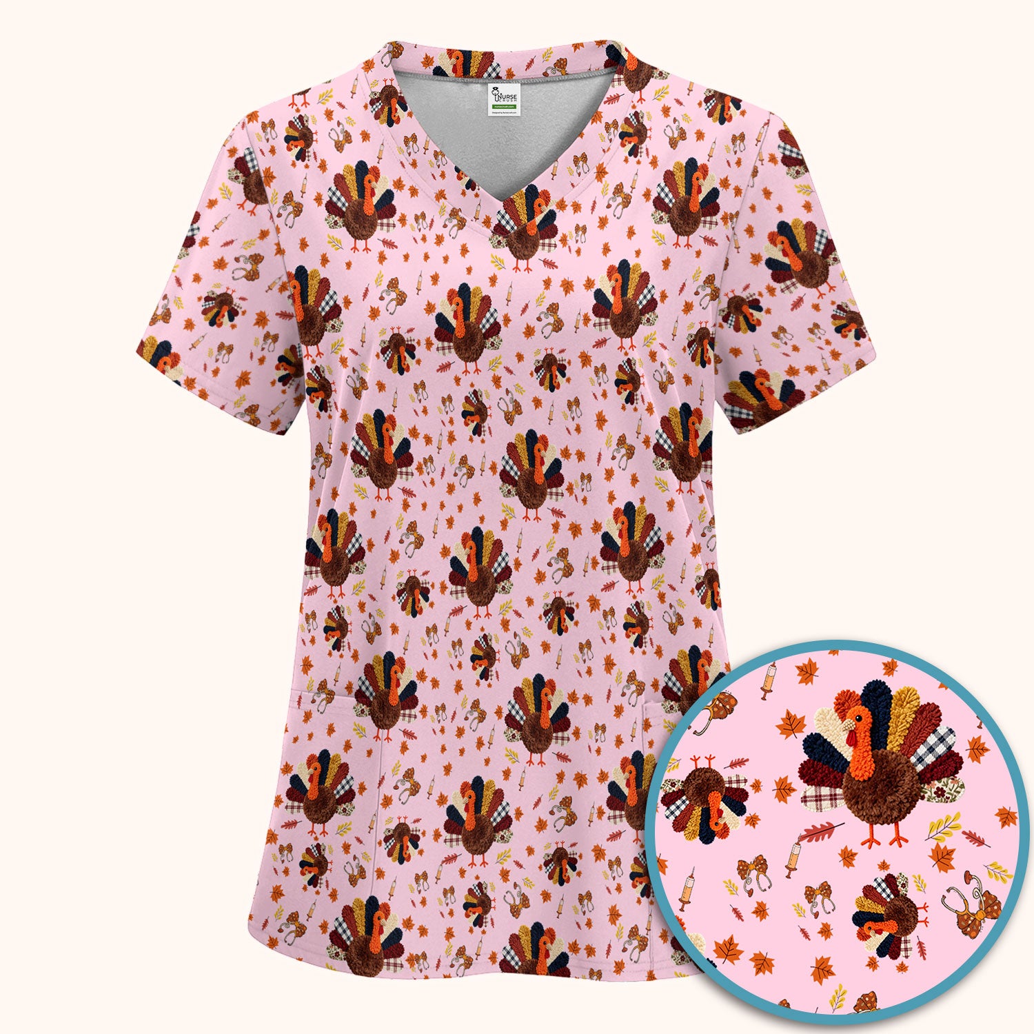 Funny Thanksgiving Nurse Scrub Sets - Fall Leaves and Pumpkin Scrub Pants and V Neck Top - Autumn Turkey Med Uniform