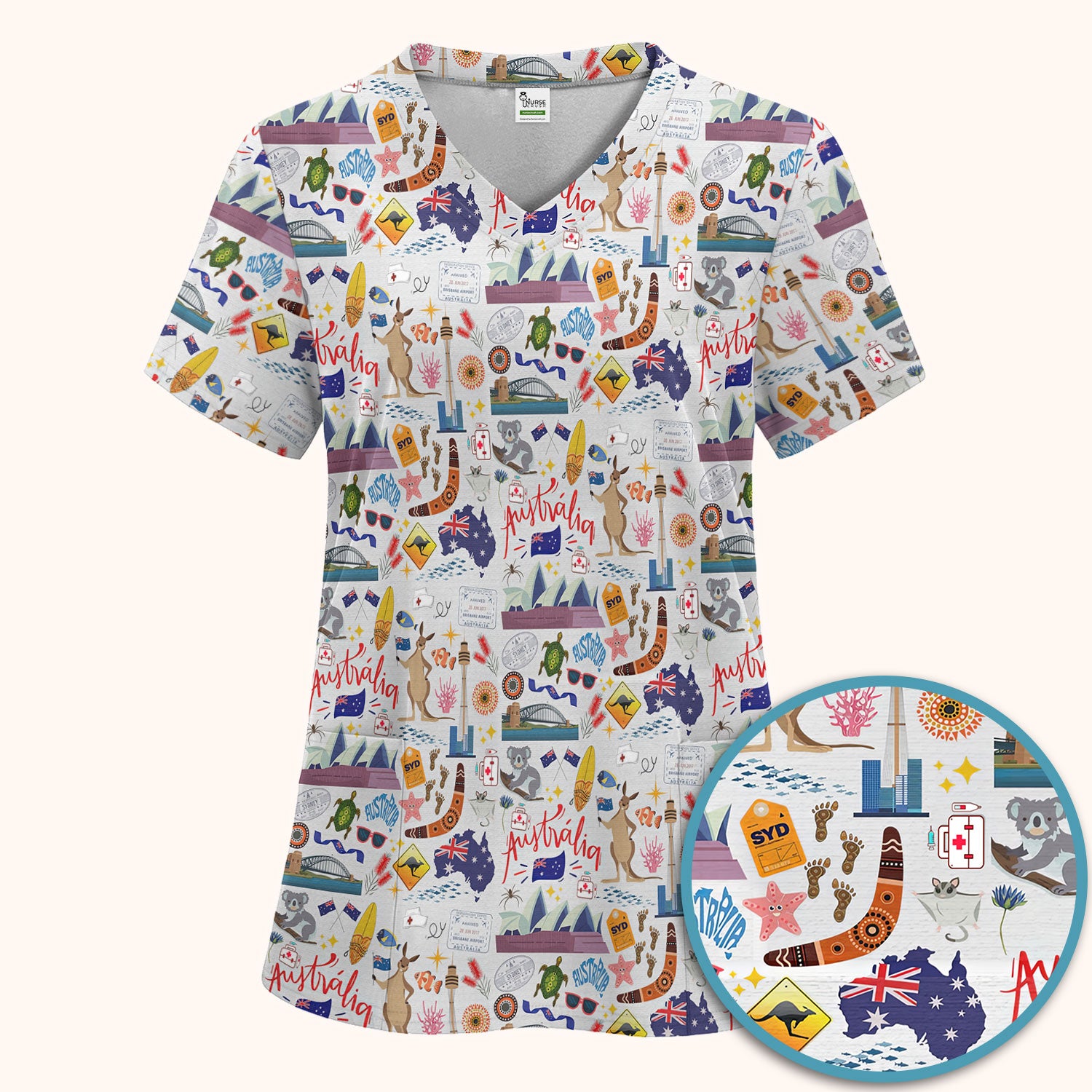 Australia Scrub Sets for Women - Aussie Comfortable Scrub Pants and V Neck Top - Kangaroo Koala Opera House - Travel Medical Uniform Gift