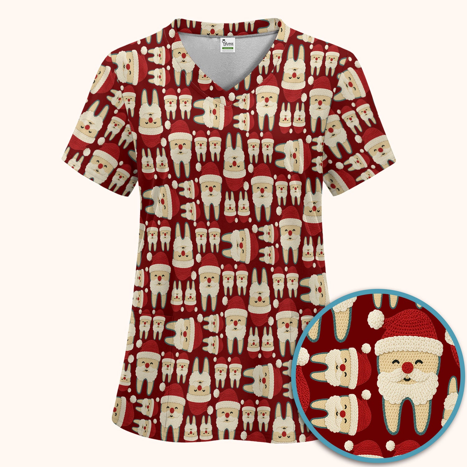 Christmas Tooth Scrub Set - Cute Santa Tooth Pattern for Dentists & Hygienists - Crochet Style Holiday Medical Uniform for Women