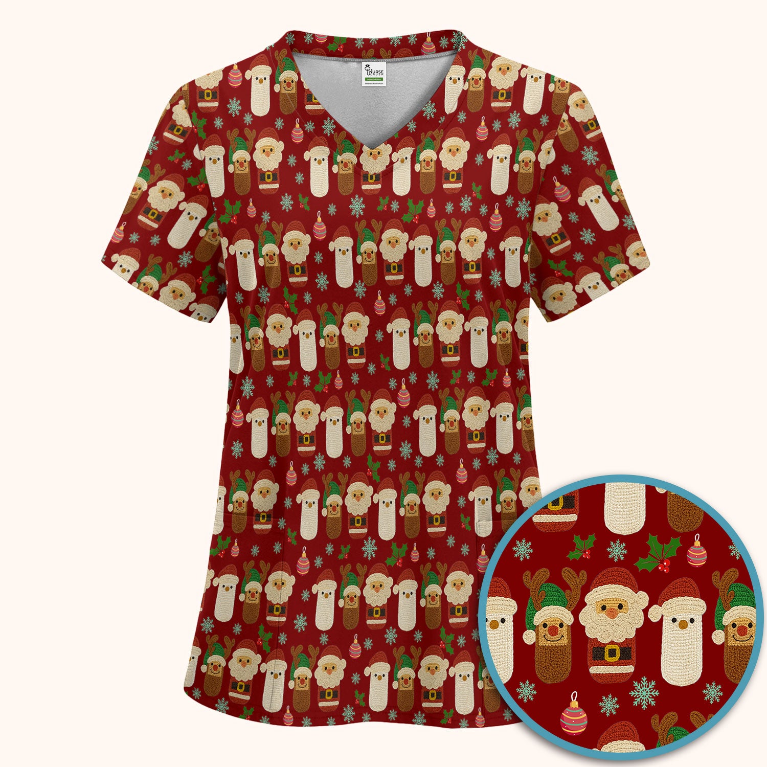 Christmas Santa Reindeer Snowman Scrub Set - Holiday Chill Pill Scrubs Pants and V Neck Top - Funny Medical Uniform for Women