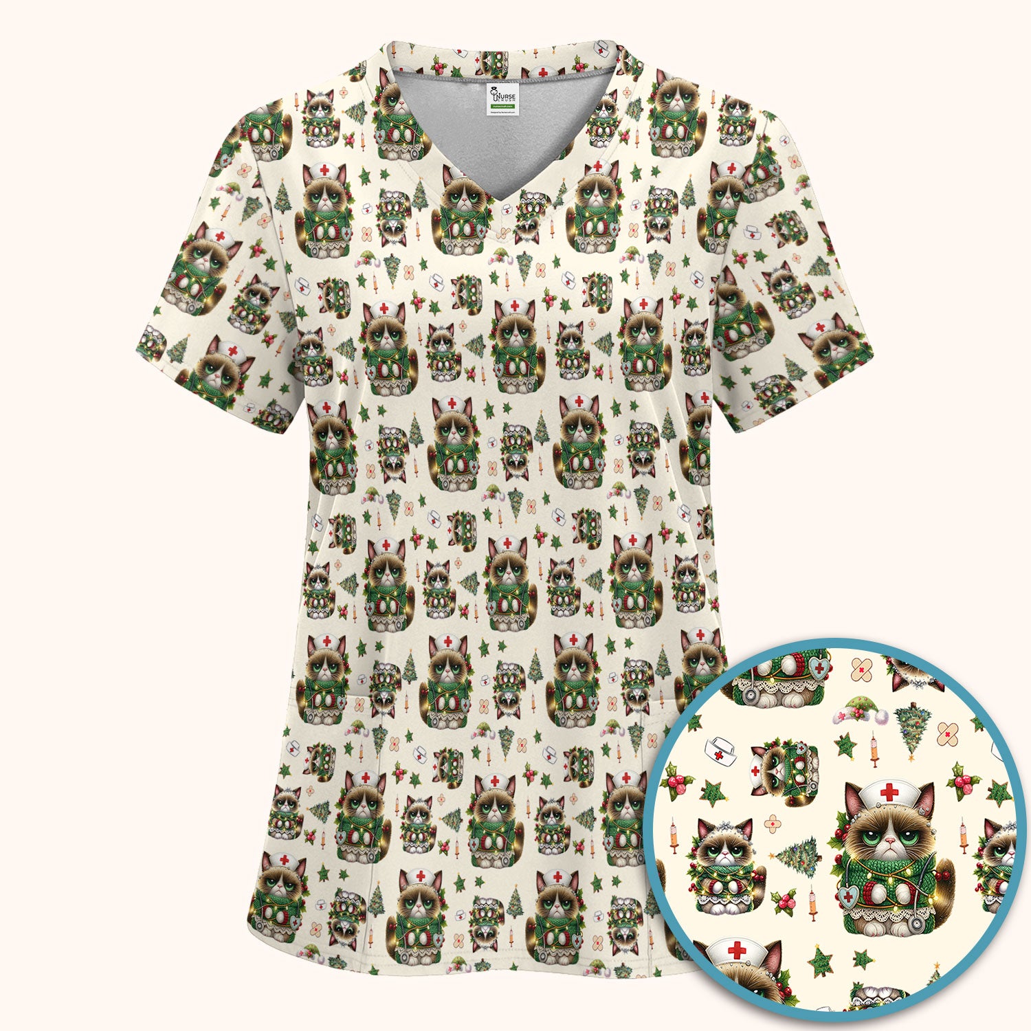 Christmas Nurse Scrub Set - Funny Cat Nursing Scrubs Pants and V Neck Top - Cute Holiday Medical Uniform for Women RN LPN CNA