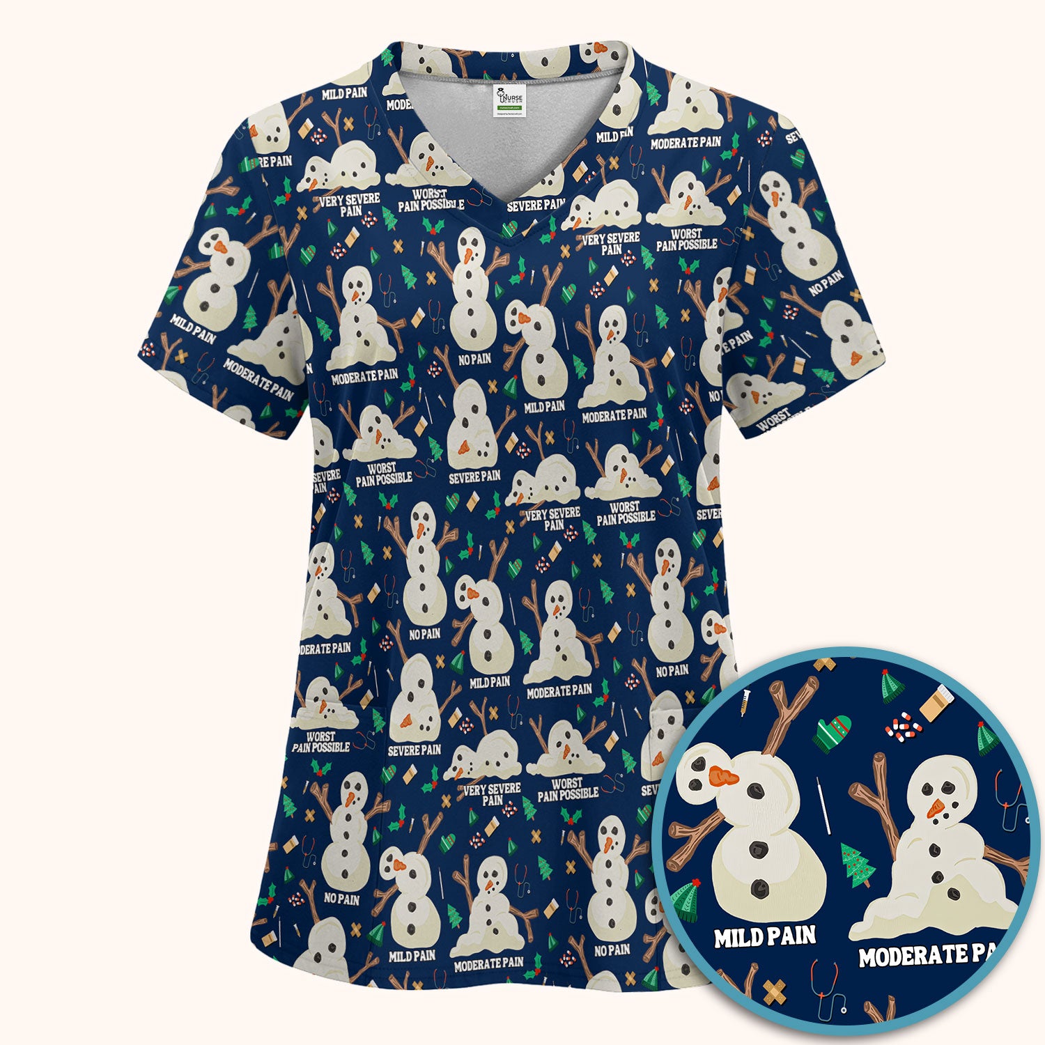 Funny Snowman Pain Scale Scrub Set for Nurse - Christmas Medical Pants and V Neck Top for Women RN LPN CNA