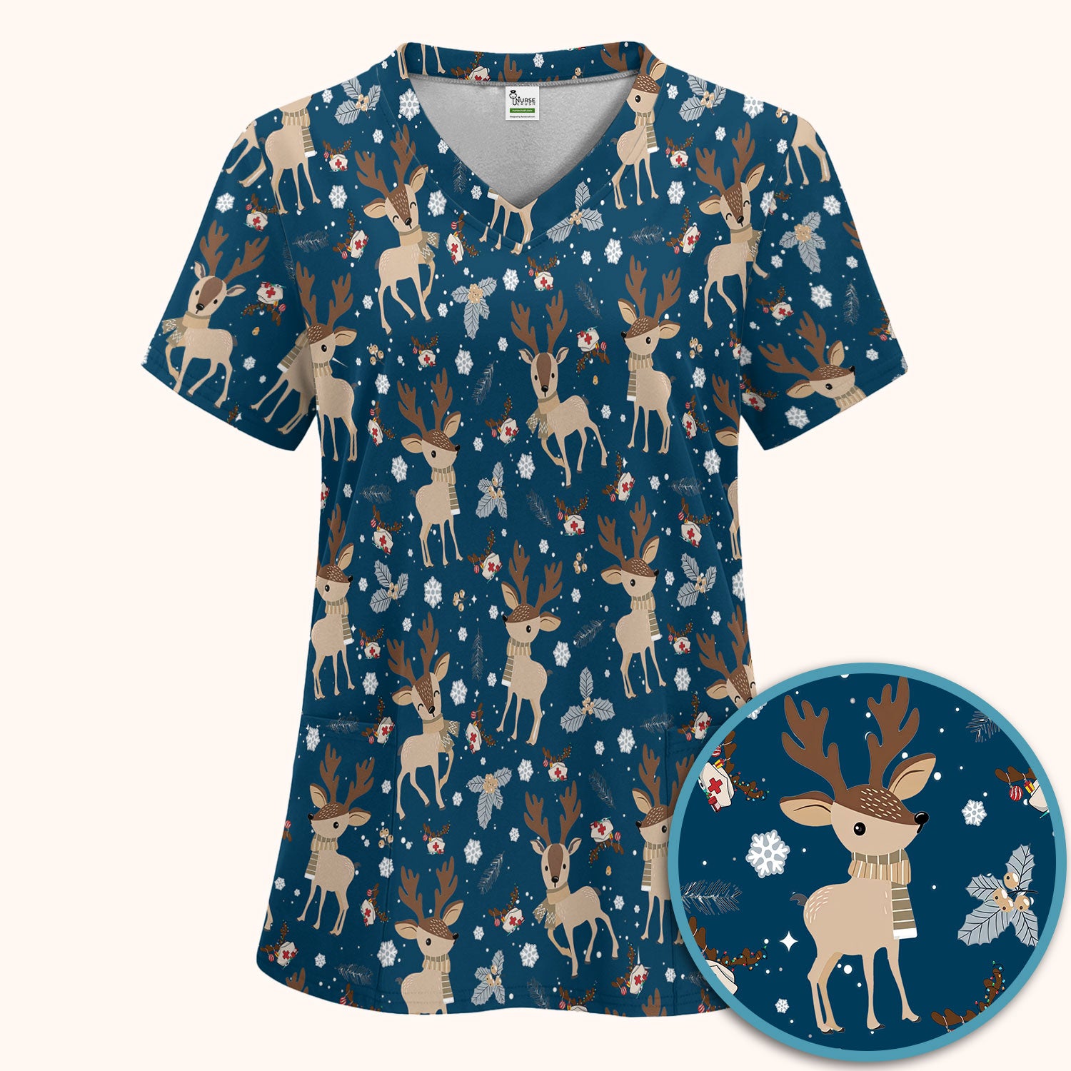 Reindeer Christmas Scrub Set - Cozy Beige Holiday Nurse Shirt with Cute Deer Pattern - Festive Medical Scrubs Pants and V Neck Top
