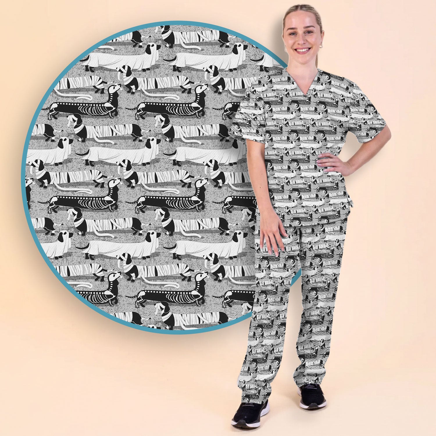 Halloween Scrub Set for Women - Spooky Dachshund Skeleton Med Uniform - Comfortable Nursing Pants - Ugly Sweater for Pet Lover