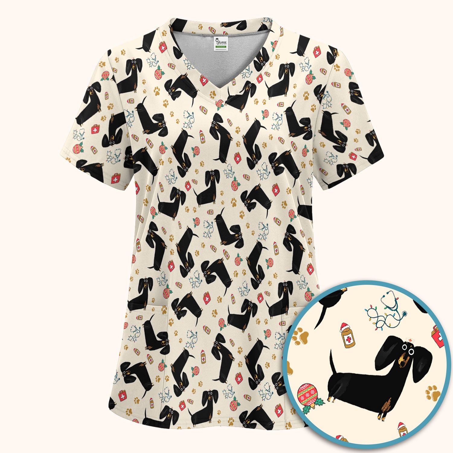Funny Black Dachshund Scrub Set for Nurses - Cute Wiener Dog Scrubs Pants and V Neck Top - Puppy Lover Nursing Gift for Women
