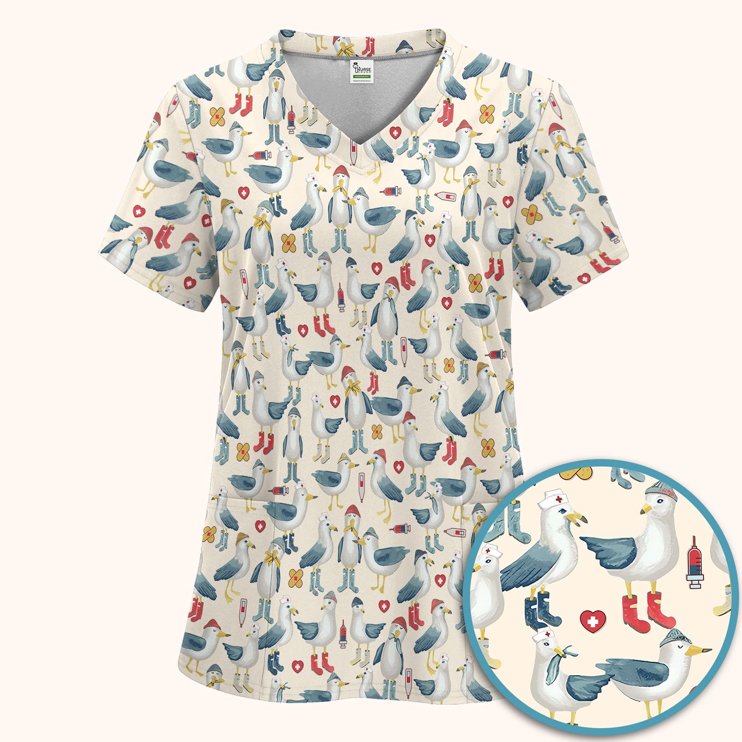 Funny Seagull Nurse Scrub Set - Cute Bird with Medical Icons Scrubs Pants and V Neck Top - Comfortable Scrubs for Women
