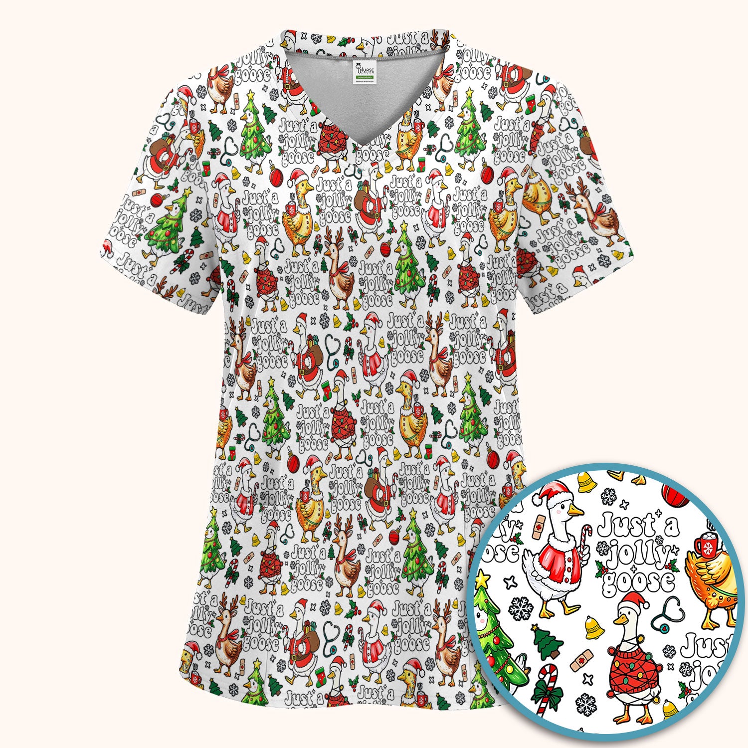 Just a Jolly Goose Funny Christmas Scrub Set - Holiday Medical Uniform for Nurse - Santa Goose Pants and Top